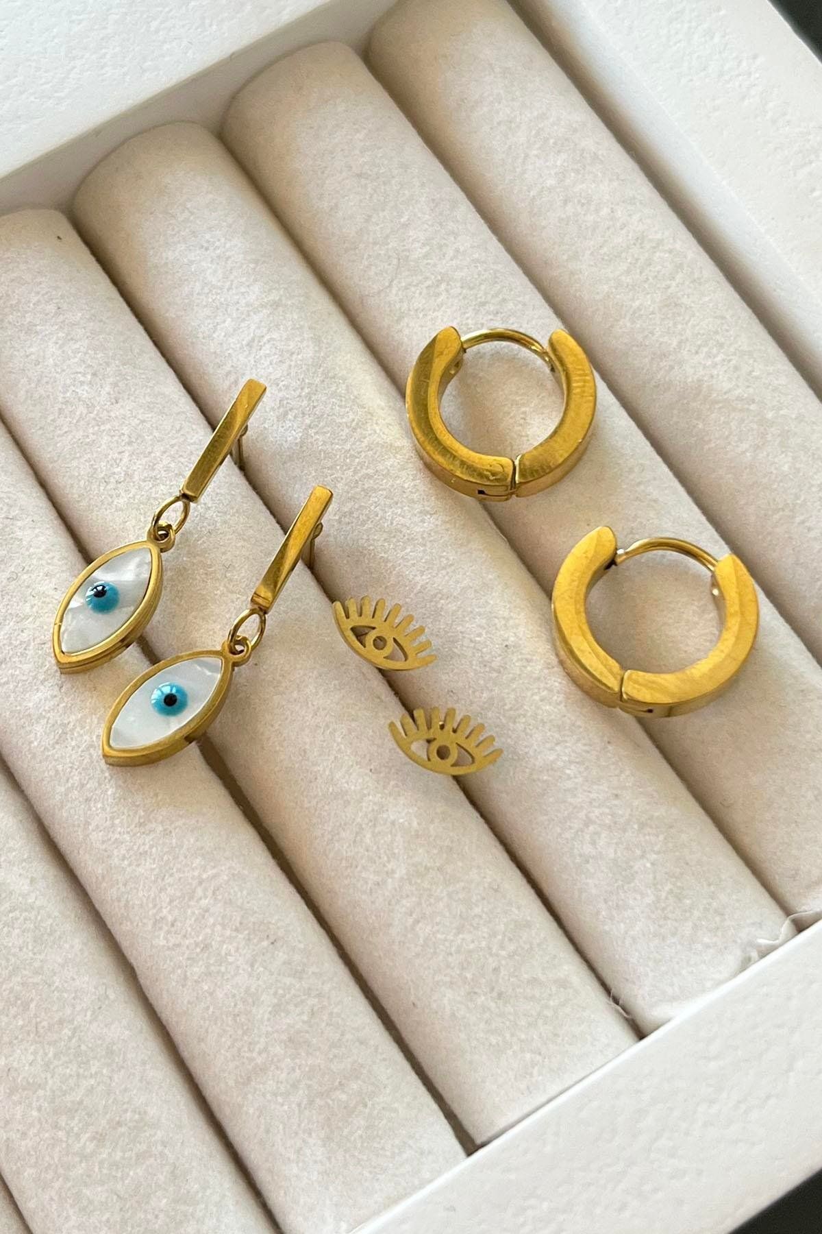 TAKIŞTIR Altın Renk Göz Figürlü 6'lı Çelik Küpe Set