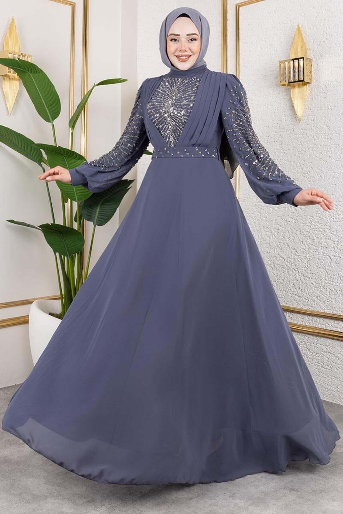 Mec Fashion Taş İşlemeli Şifon Abiye