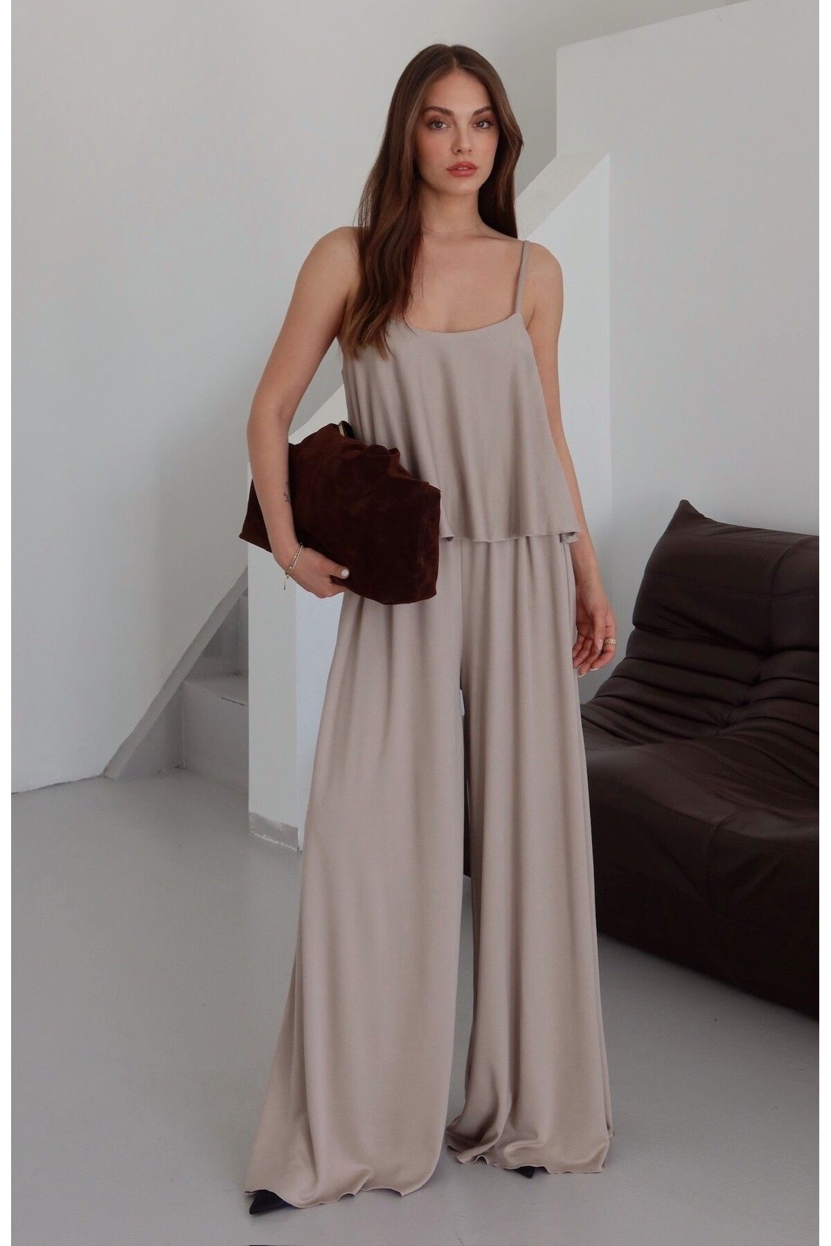 Laluvia Bej Askılı Bluz Pantolon Takım - 51052