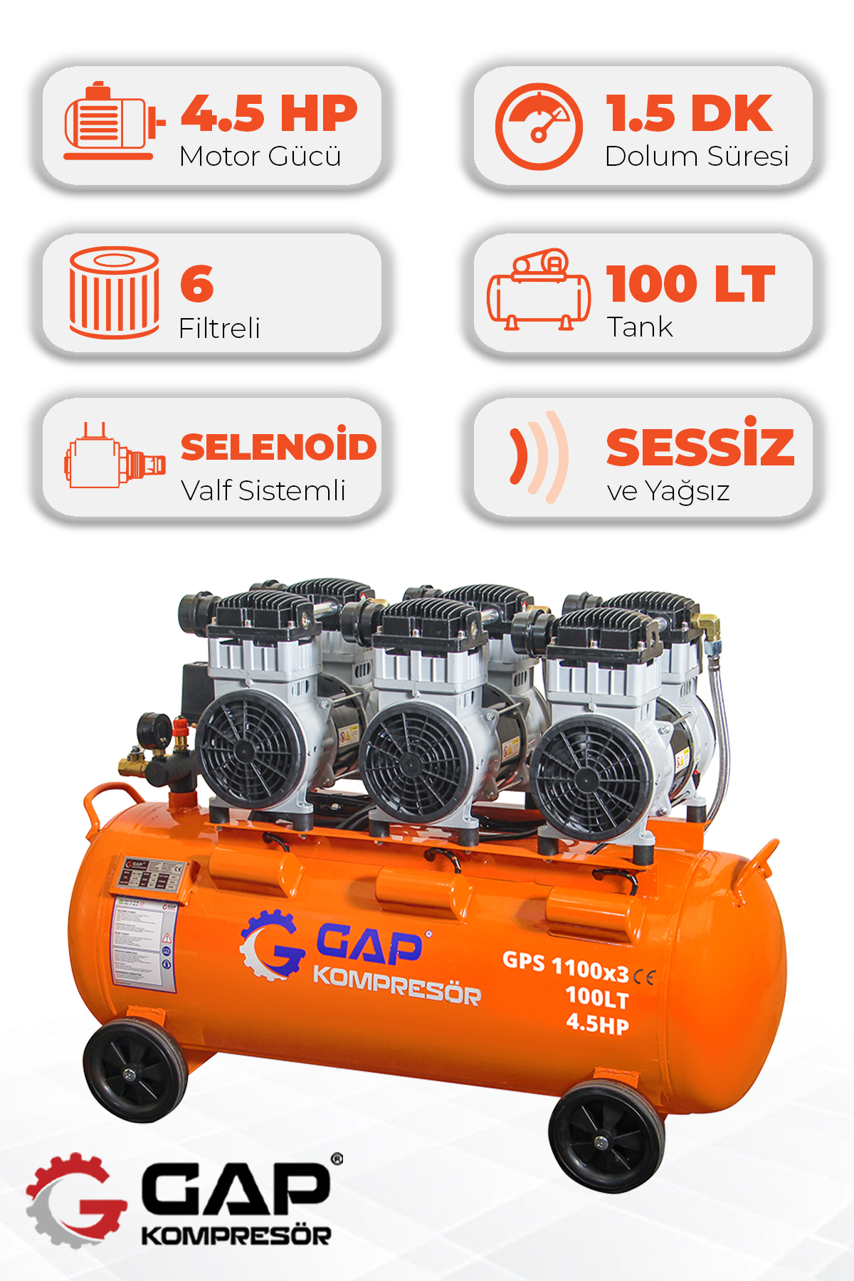 GAP KOMPRESÖR Hava Kompresörü Sessiz ve Yağsız 100Lt GPS1100x3