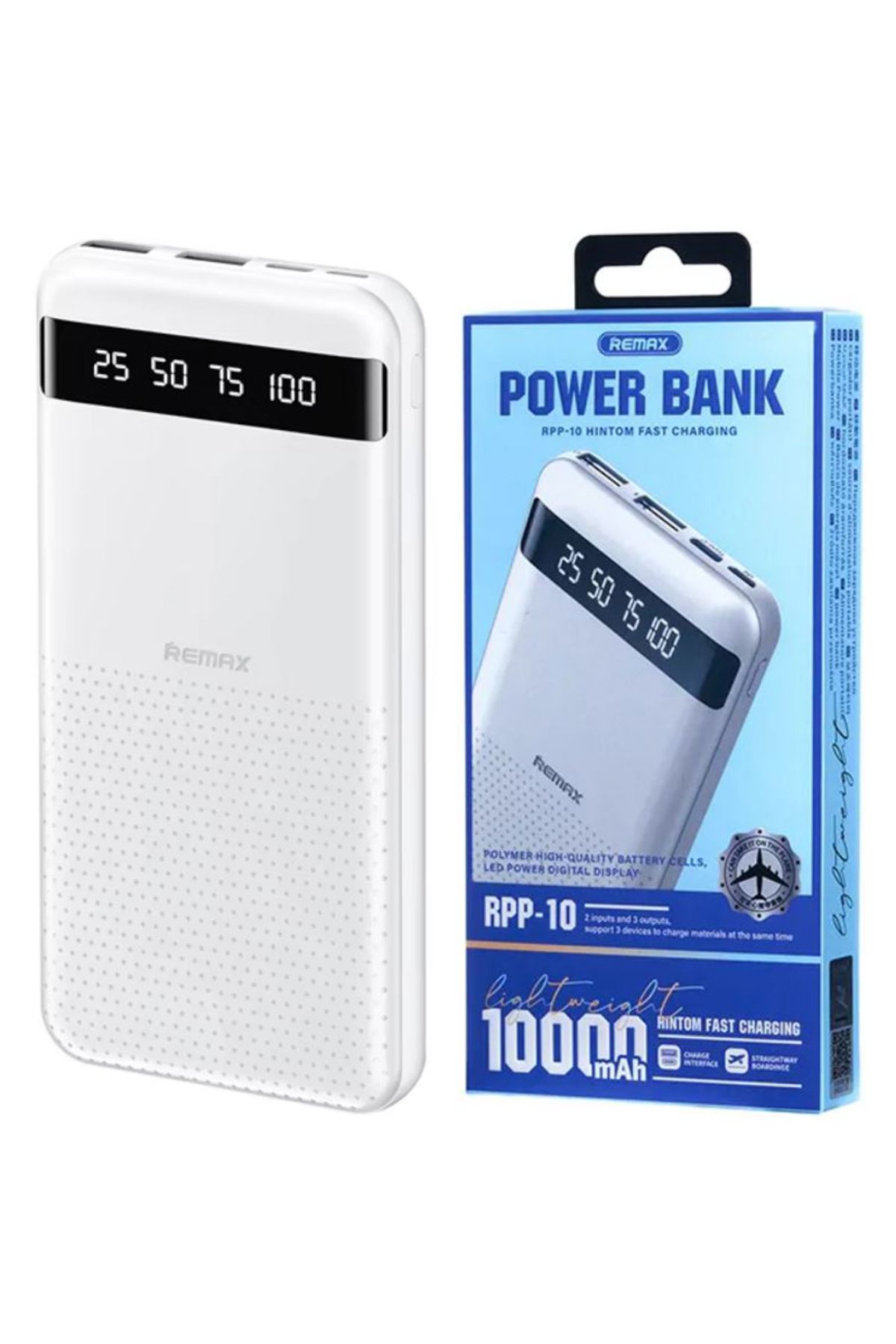 REDz Accessories Baterie Externă Remax Rpp-10, Baterie De 10.000 Mah, 2 Porturi Usb Tip C Și Microusb, Afișaj Led, Alb - One Size