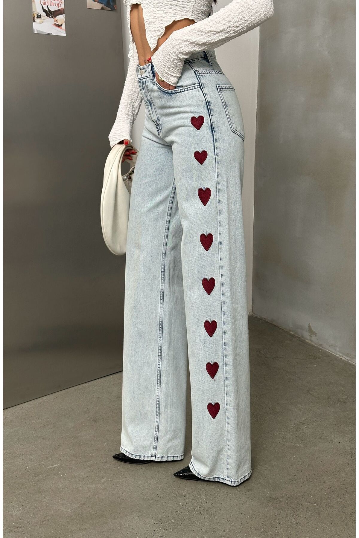 DESTİNE Y2K Street Kalp Nakış Şerit Detaylı Mavi Oversize Pantolon Jean