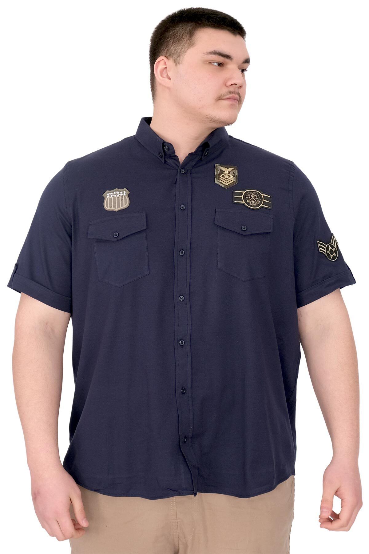 ModeXL Mode XL Büyük Beden Erkek Gömlek Çift Cep Kapaklı Gabardin U25601 Lacivert