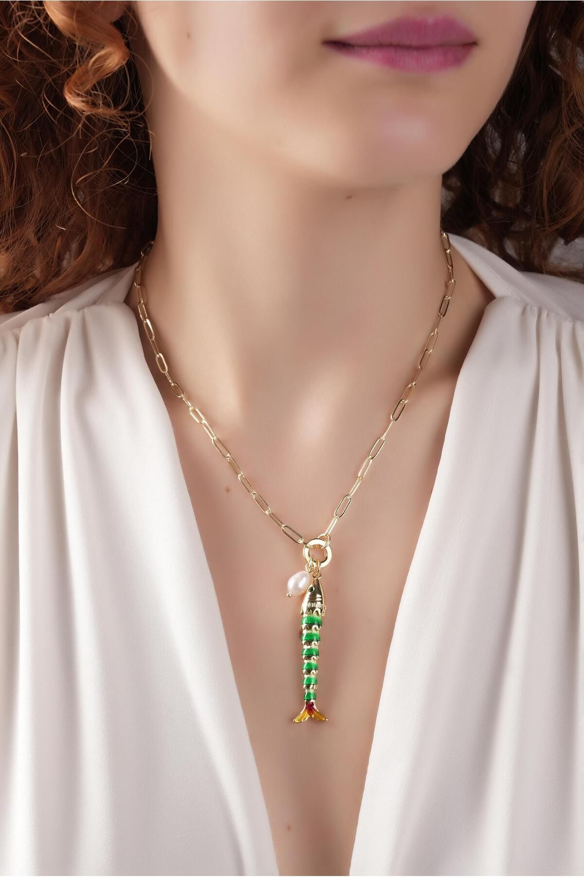 Çlk Accessories Premium Mineli İnci Detay Balık Kolye 50743