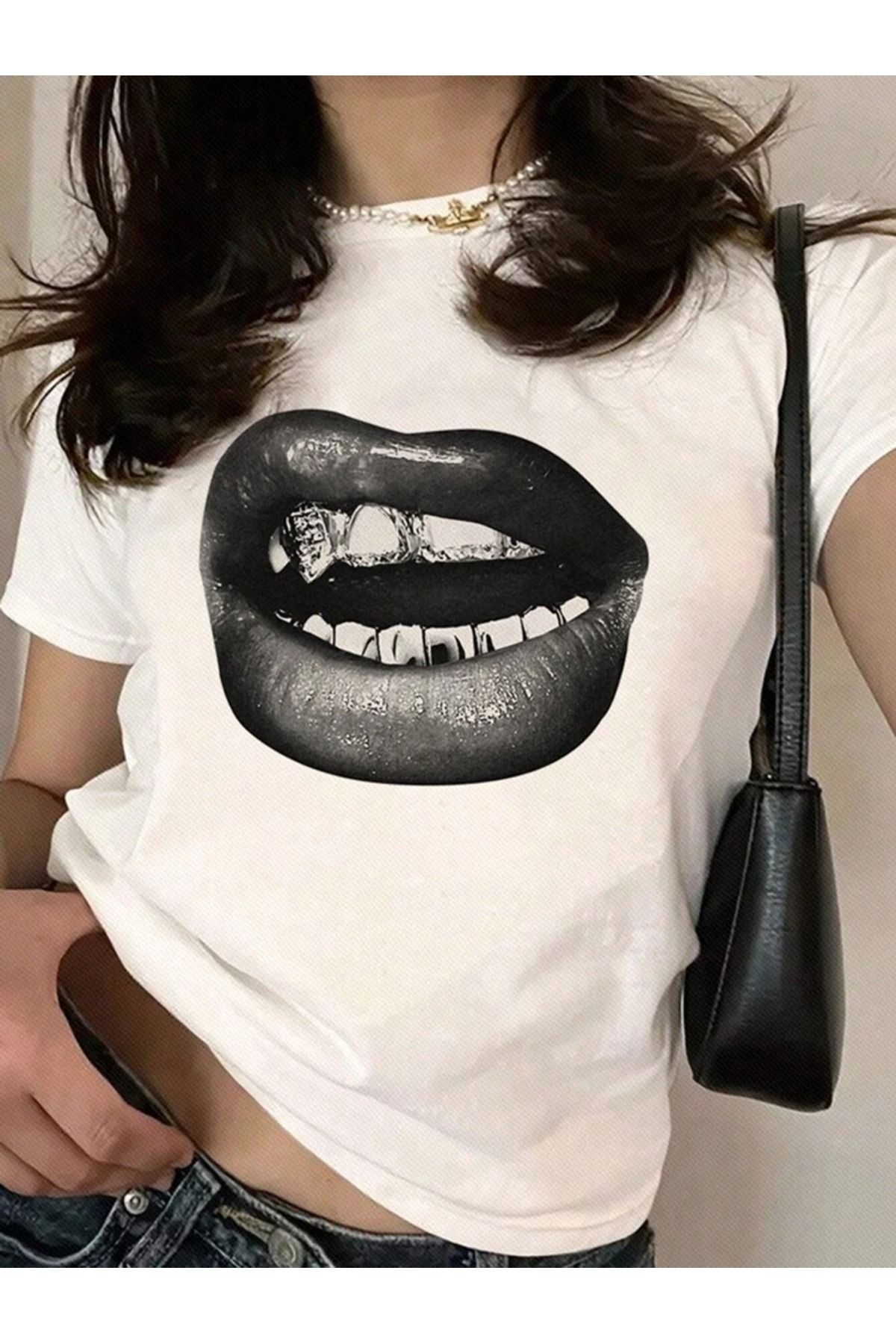 JANSO GROUP - KADIN BASKILI KISA KOLLU CROP TSHIRT PAMUKLU 16