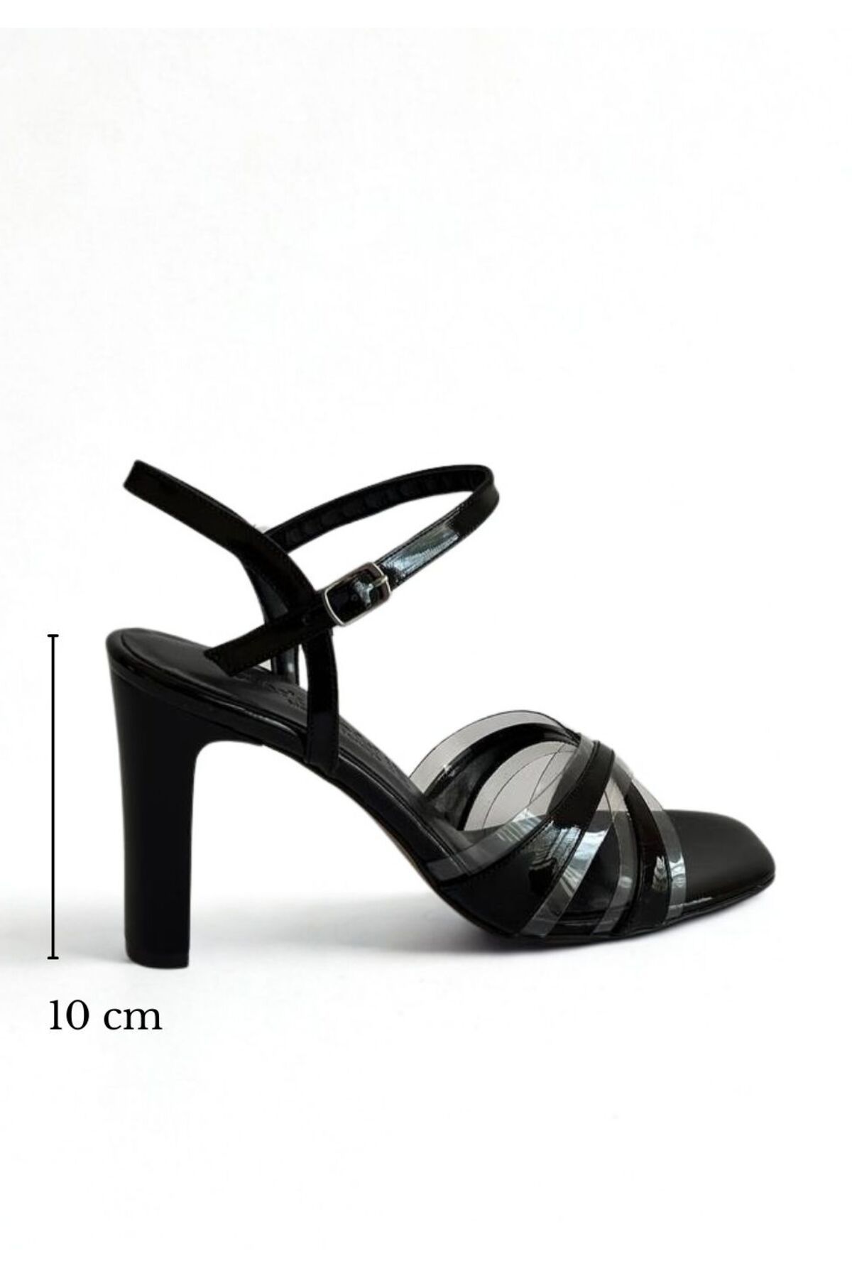 MY MADRE LEATHER SHOES Siyah Rugan Şeffaf Çapraz Bantlı Kadın Topuklu Ayakkabı