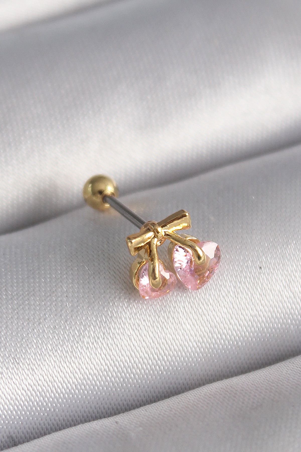 Skygo 316L Çelik Gold Renk Pembe Zirkon Taşlı Kalp Tragus Piercing - TJ-PR1234