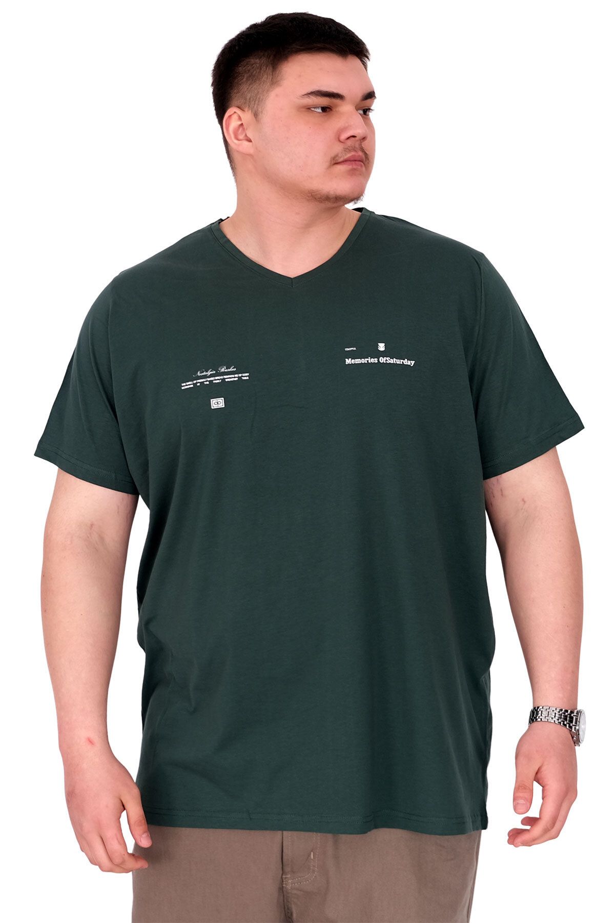 ModeXL Mode XL Büyük Beden Erkek T-Shirt V Yaka MEMORIES U24055 Nefti