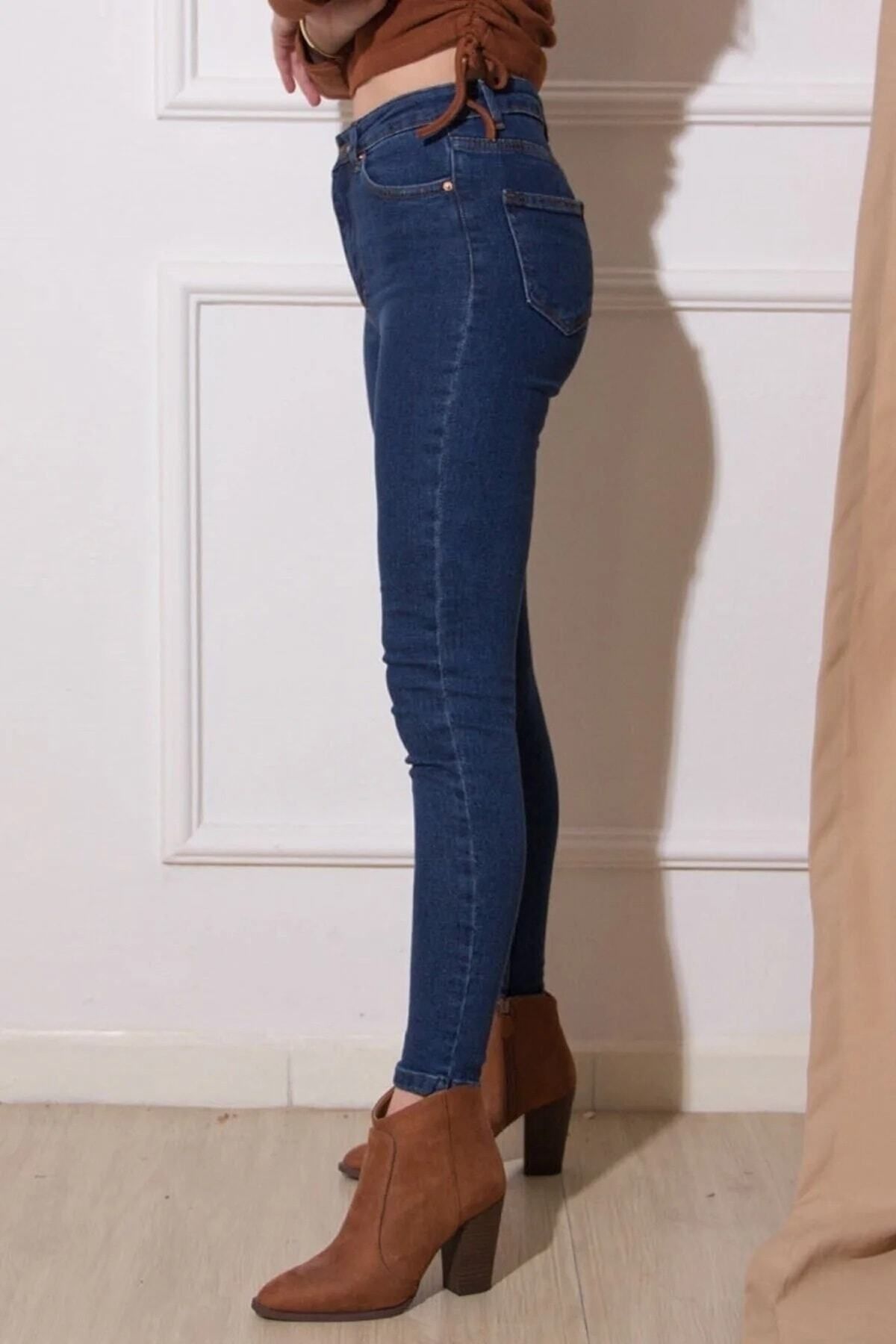 WODDİ Duryn Sevda Skinny Kadın Lacivert Skinny Dar Paça Likralı Jeans Kot Pantolon New-3