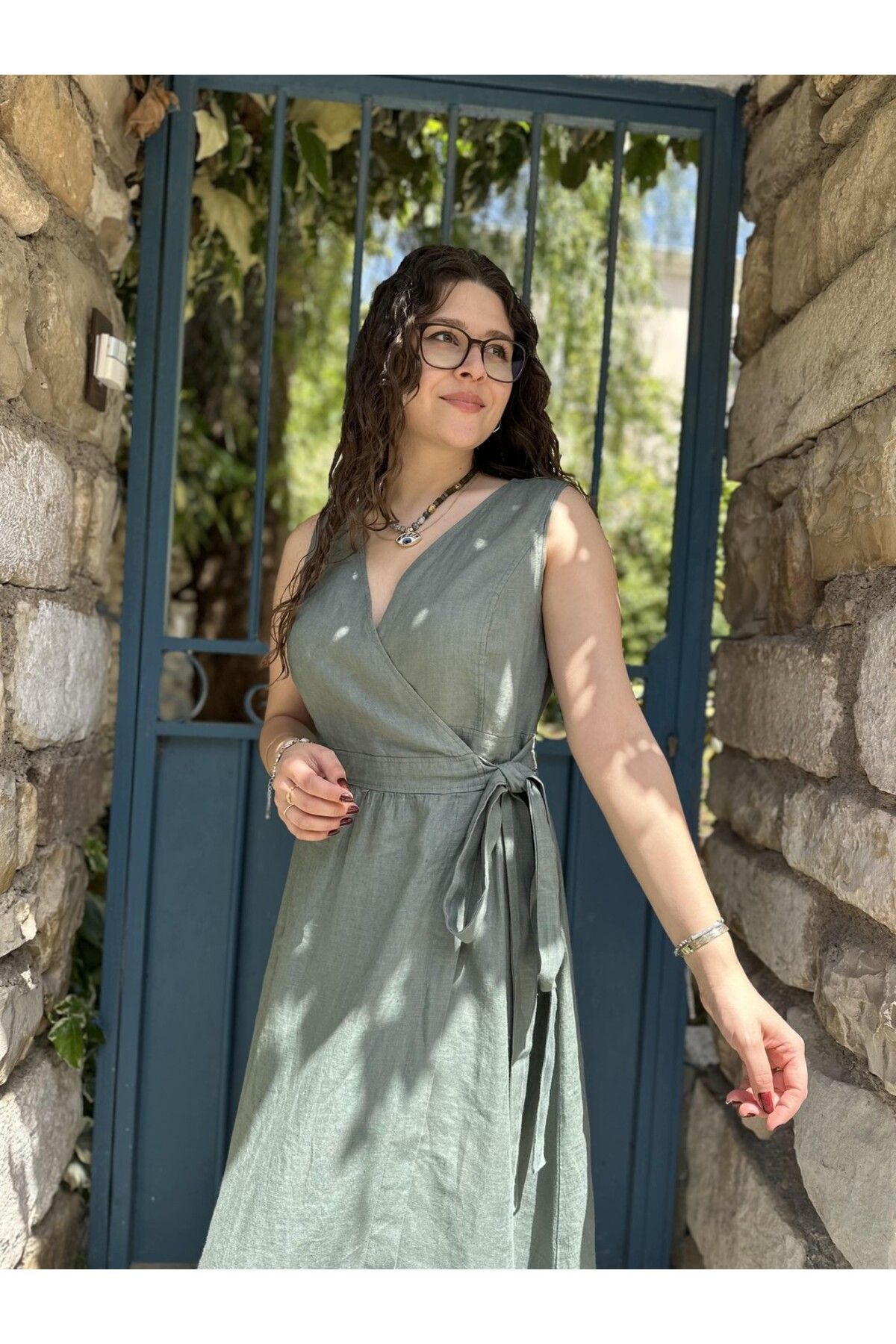 HATİCE CİVELEK Kruvaze Duru Keten Elbise 348