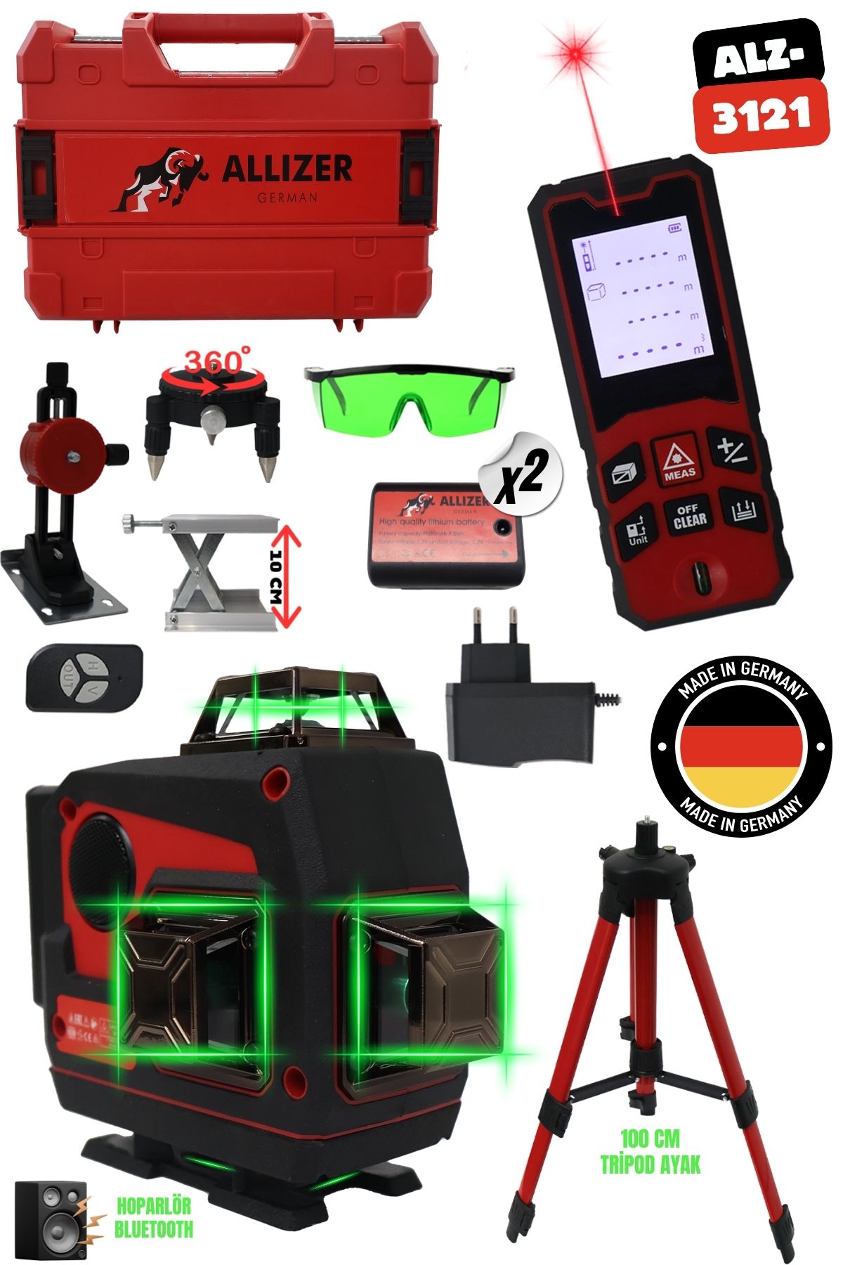 ALLİZER GERMAN ALLİZER 2 Lİ SET KIRMIZI (16 YÖNLÜ LAZER ( HOPARLÖRLÜ ) + 70 M LAZER METRE)