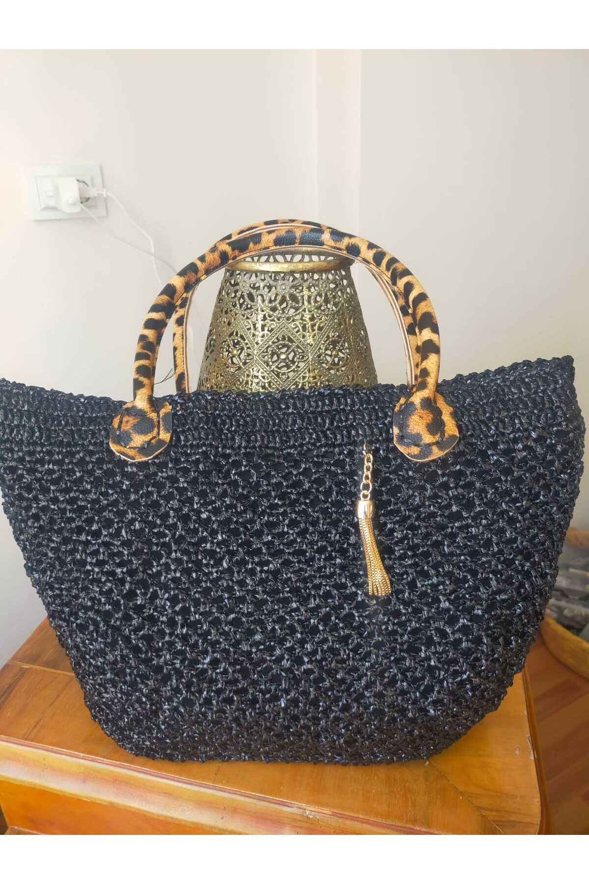MODA Leopar Detaylı El Örgüsü Metalik Iplikli Omuz Çantası