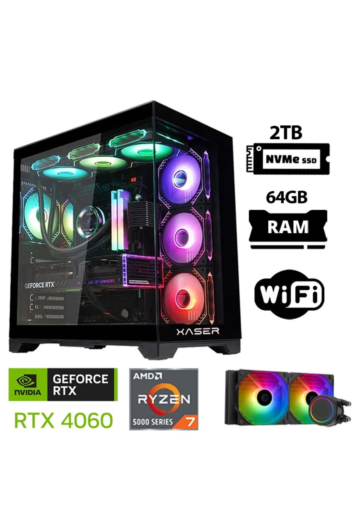 XASER Sword X32 Pro Ryzen 7 5700X 64GB Ram 2TB M.2 NVMe SSD 8GB RTX4060 Sıvı Soğutmalı Oyuncu Bilgis