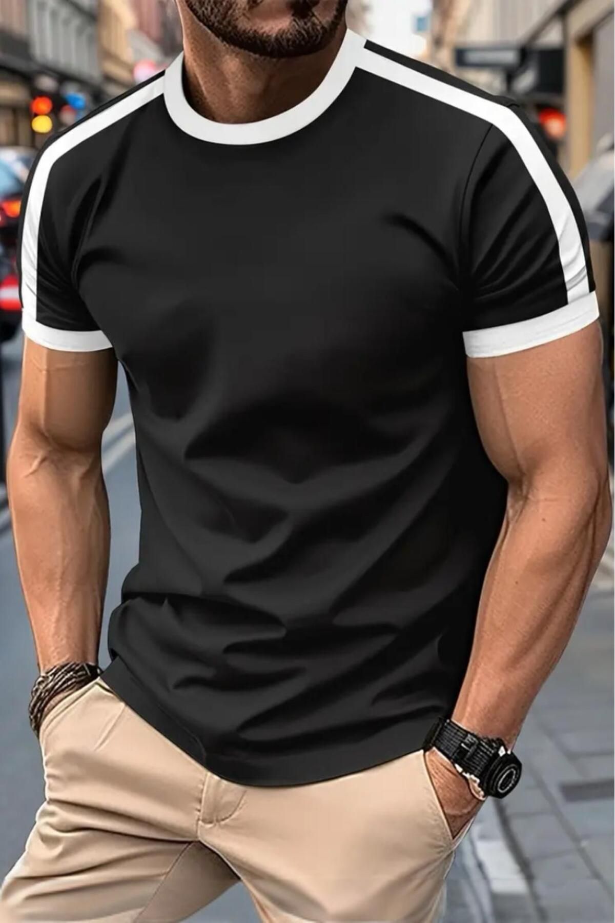 Oksit Lima Slim Fit Likralı Esnek Omuz ve Kol Şeritli Erkek Tshirt