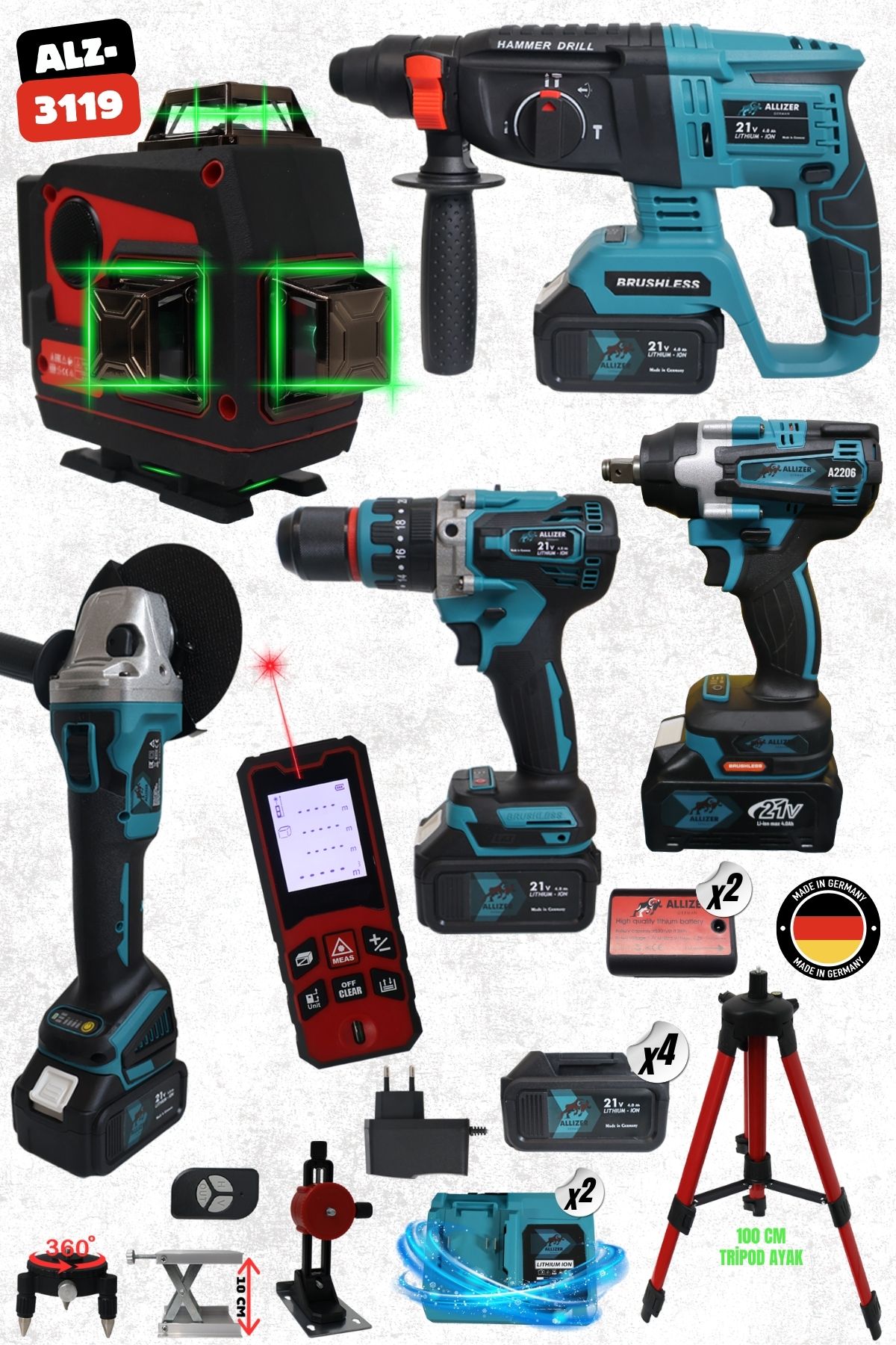 ALLİZER GERMAN ALLİZER 6'LI SET (4 LÜ SET MAVİ +(16 YÖNLÜ LAZER ( HOPARLÖRLÜ ) + 70 M LAZER METRE) )