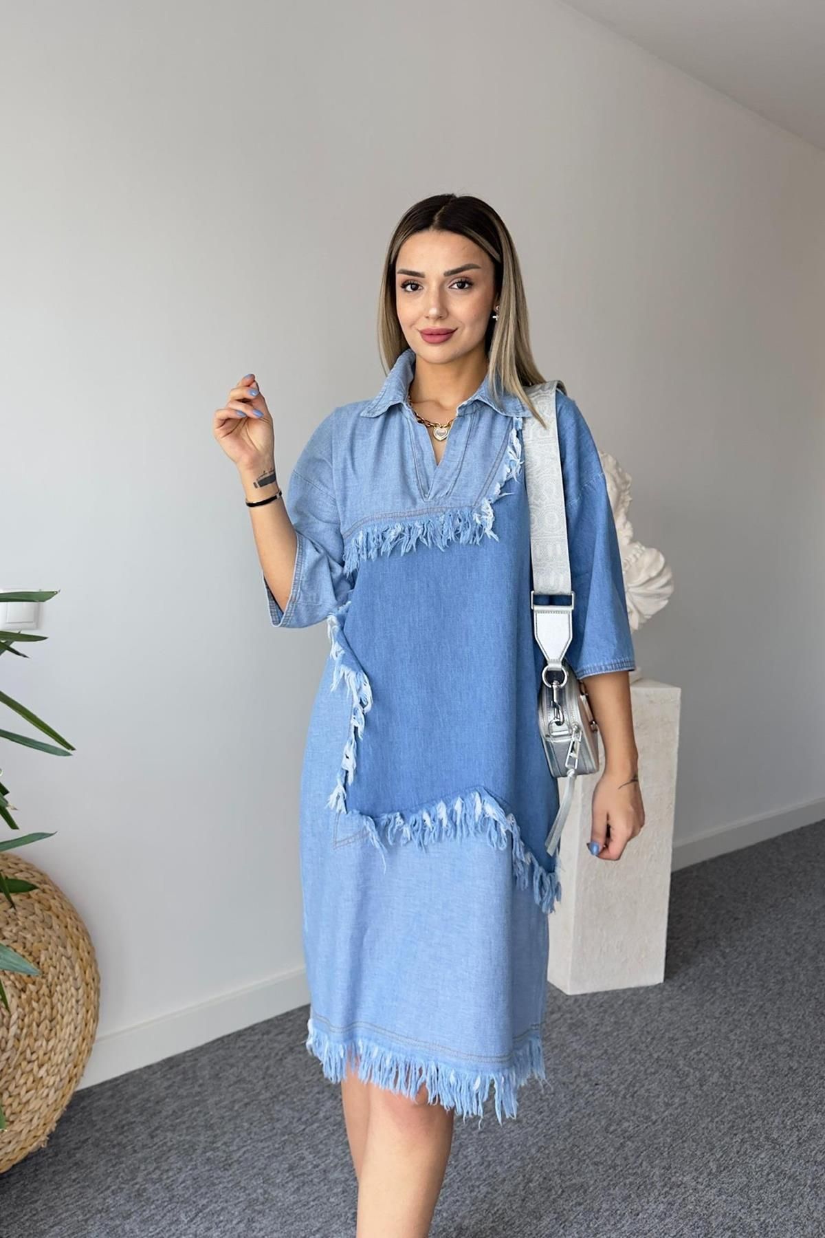 Butik Belvita Mavi Yıldız Detaylı Püsküllü Denim Elbise