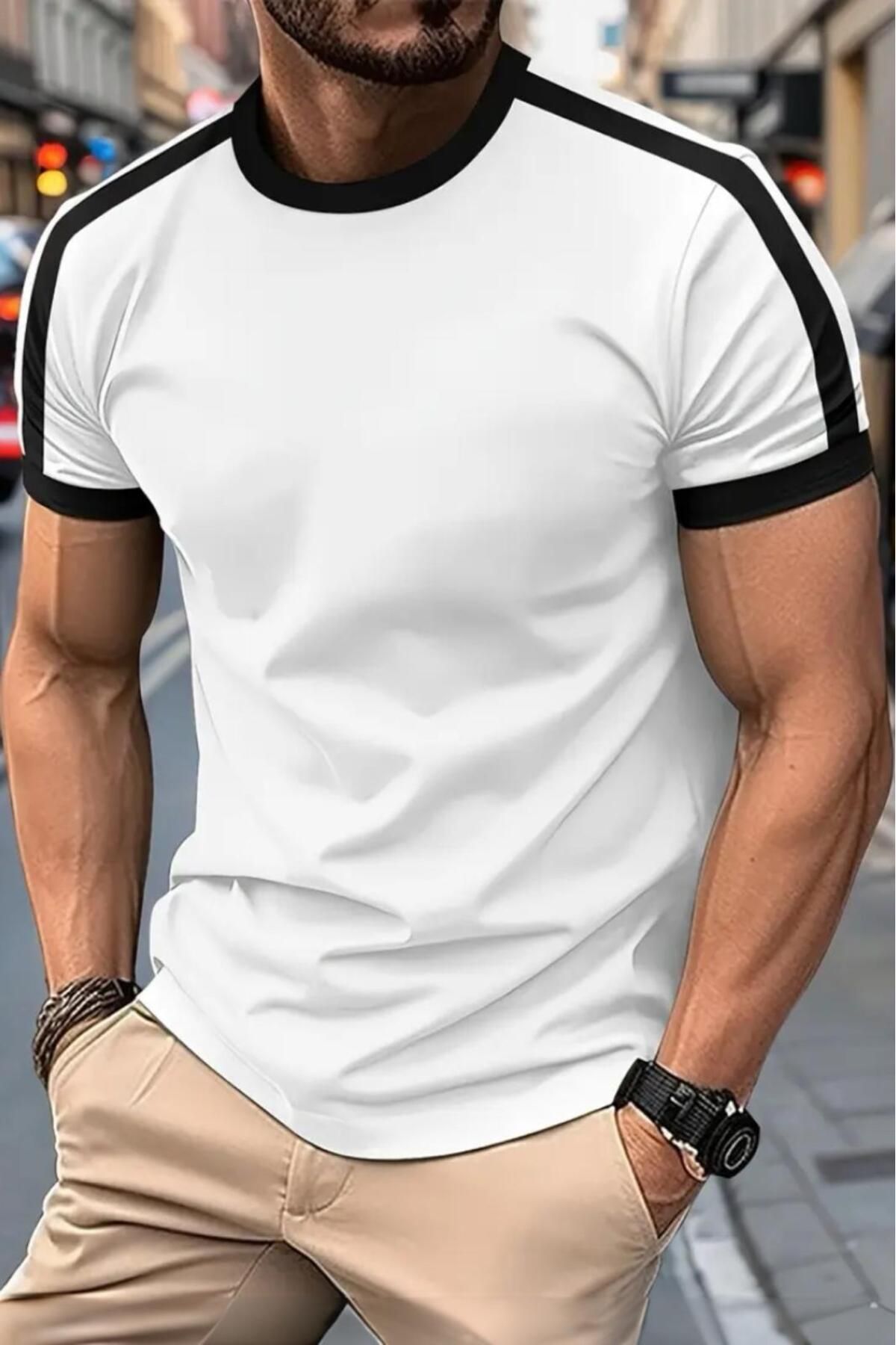 Oksit Lima Slim Fit Likralı Esnek Omuz ve Kol Şeritli Erkek Tshirt