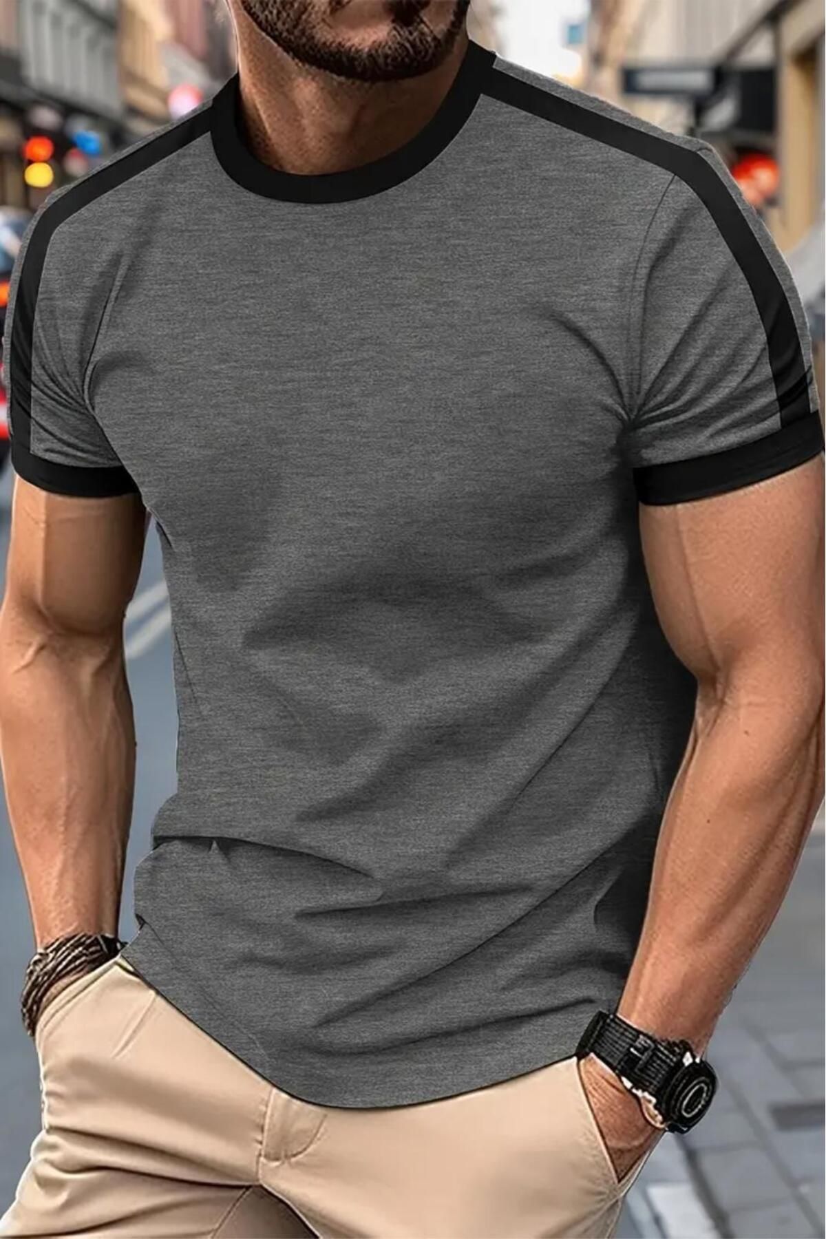 Oksit Lima Slim Fit Likralı Esnek Omuz ve Kol Şeritli Erkek Tshirt