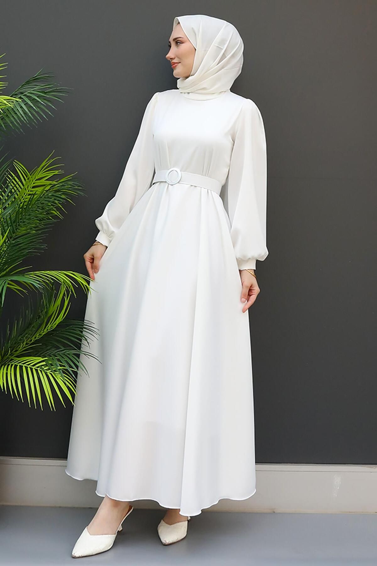 GİYZAMİLA-Satin Belted Dress White 3