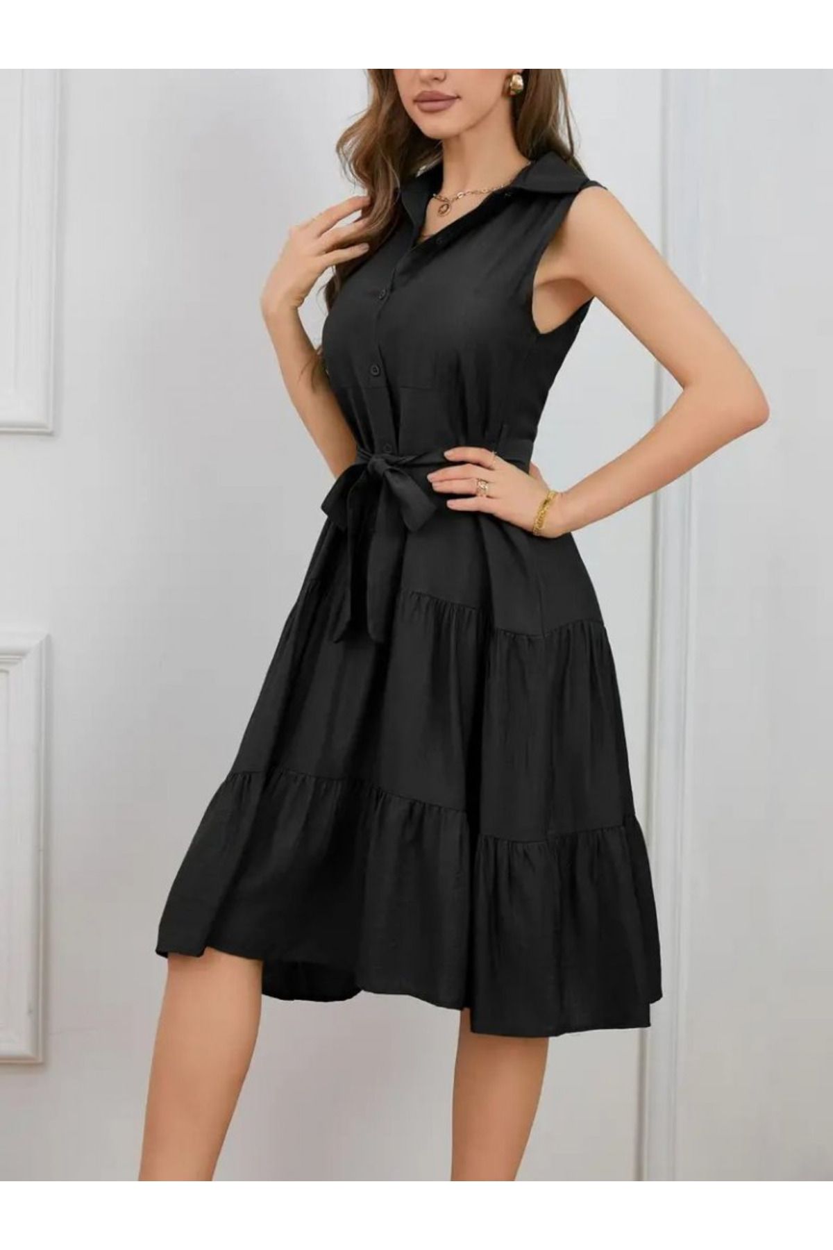 Kokosh moda Kadın Kısa Kollu Gömlek Yaka Düğmeli Beli Kuşaklı Katlı Dokuma Midi Elbise
