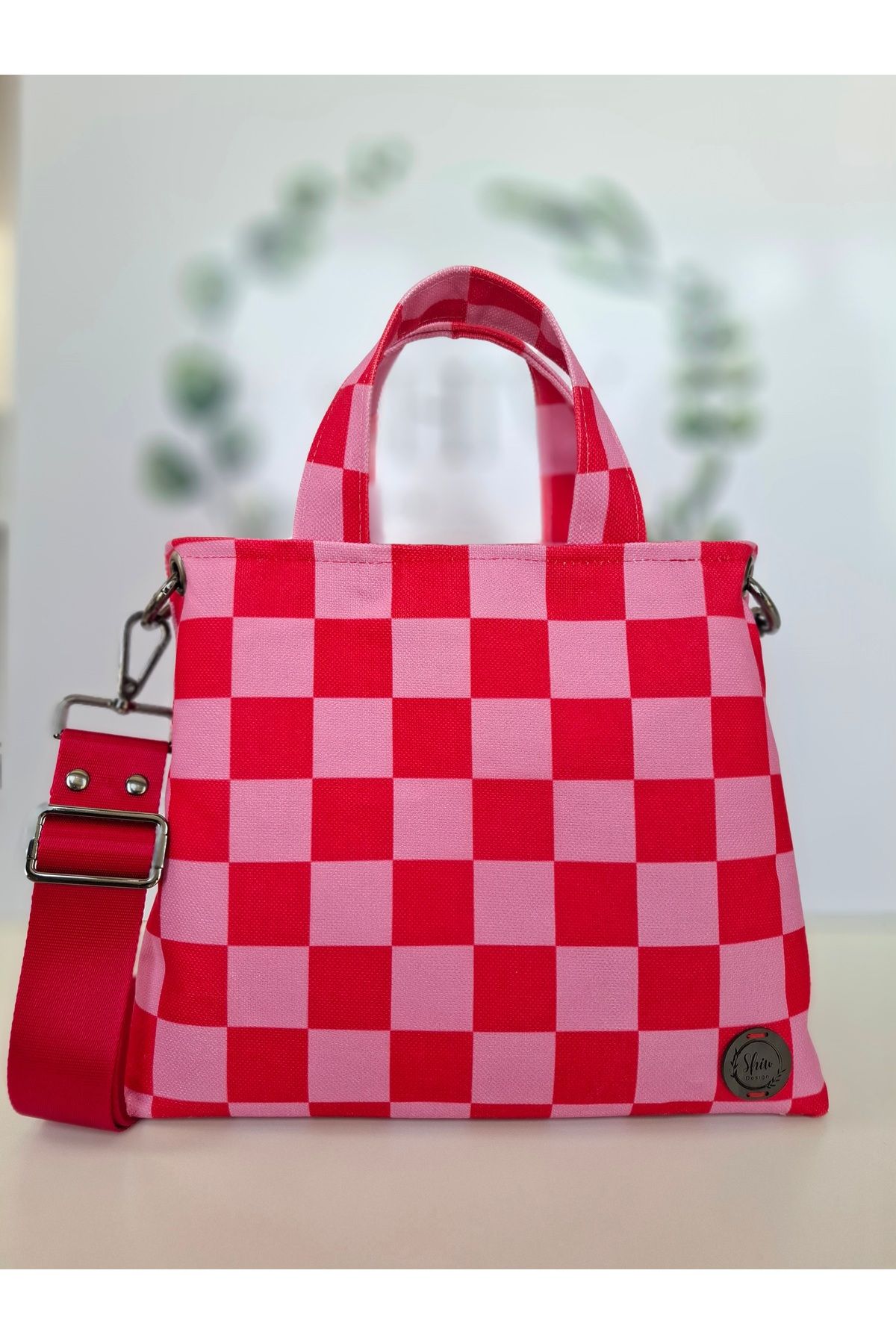 Shiw Design Kırmızı Pembe Damalı Omuz Çantası El Çantası Çapraz Çanta