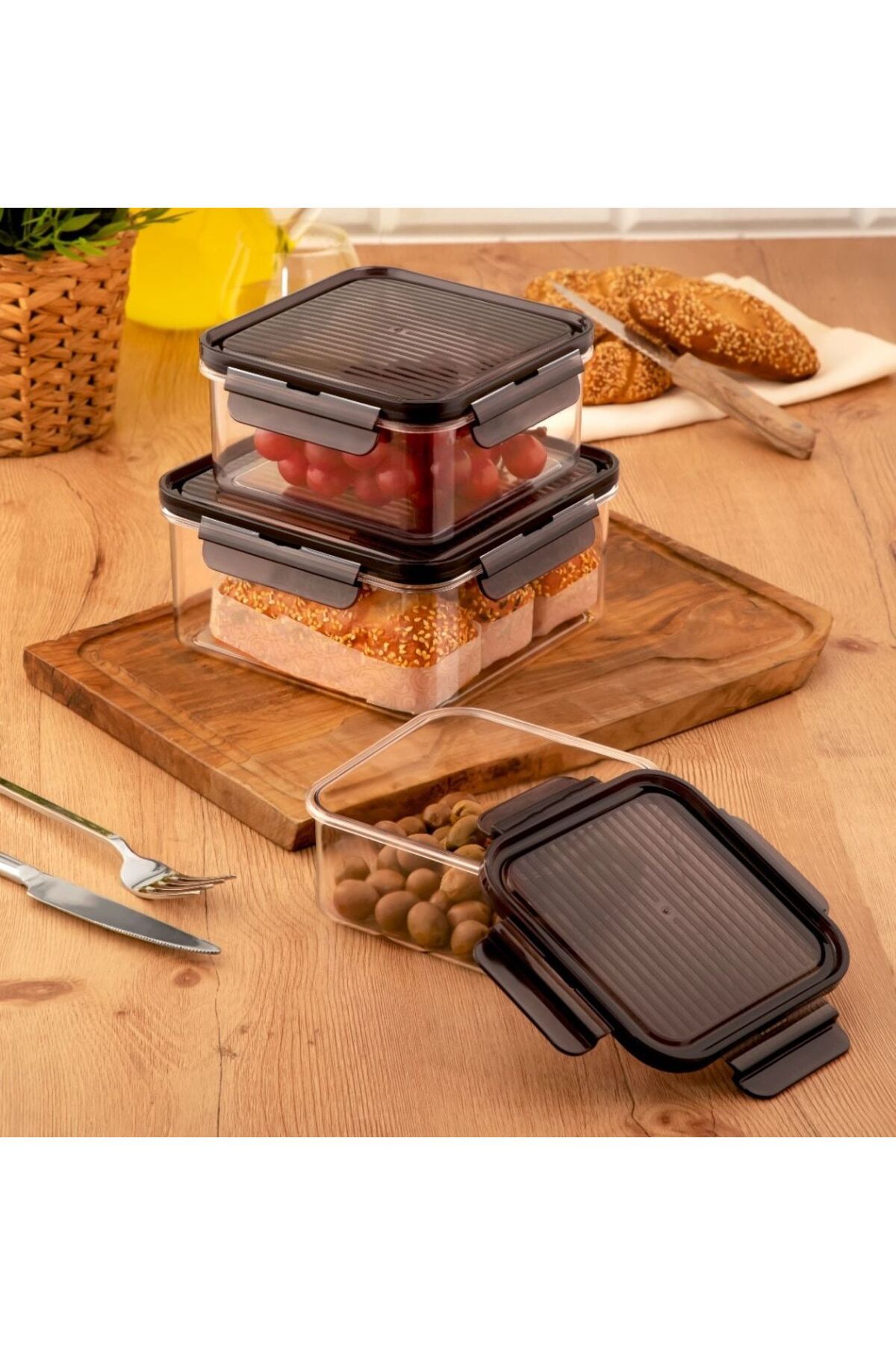 Crystal Ware 3 Lü Sızdırmaz Contalı Kilitli Antrasit Kapak Kahvaltı Seti 1750 ml, 1000 ml, 600 ml