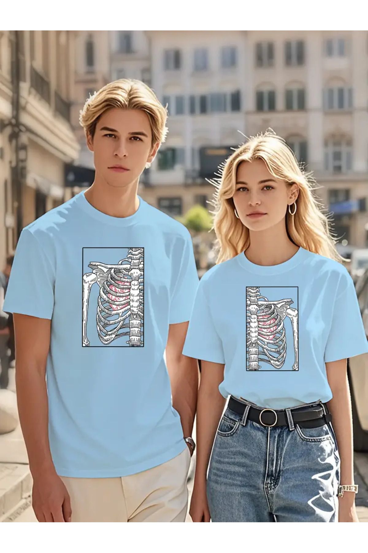 LUNAVISTA Couple Baskılı Bisiklet Yaka Kısa Kol T-shirt 2'li