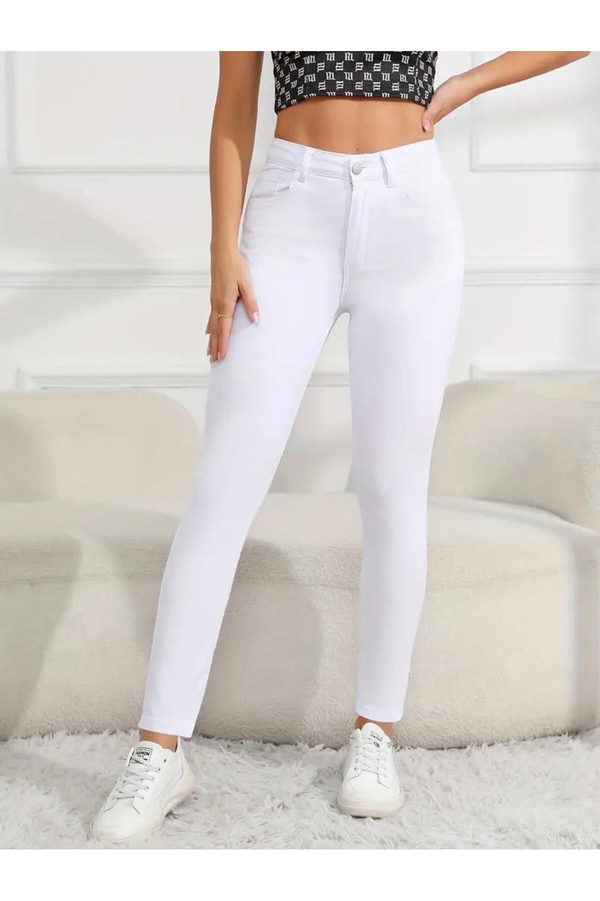 WODDİ Duryn Kadın Skinny Dar Paca Jean Likralı Beyaz Yüksek Bel Kot Pantolon(İÇ GÖSTERMEZ)-2