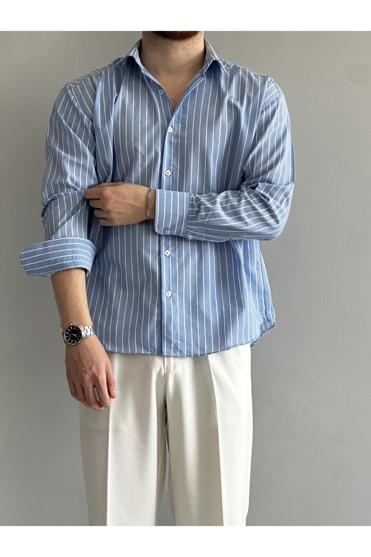 MENOFOURSWEAR Açık Mavi Çizgi Detaylı Oversize Gömlek