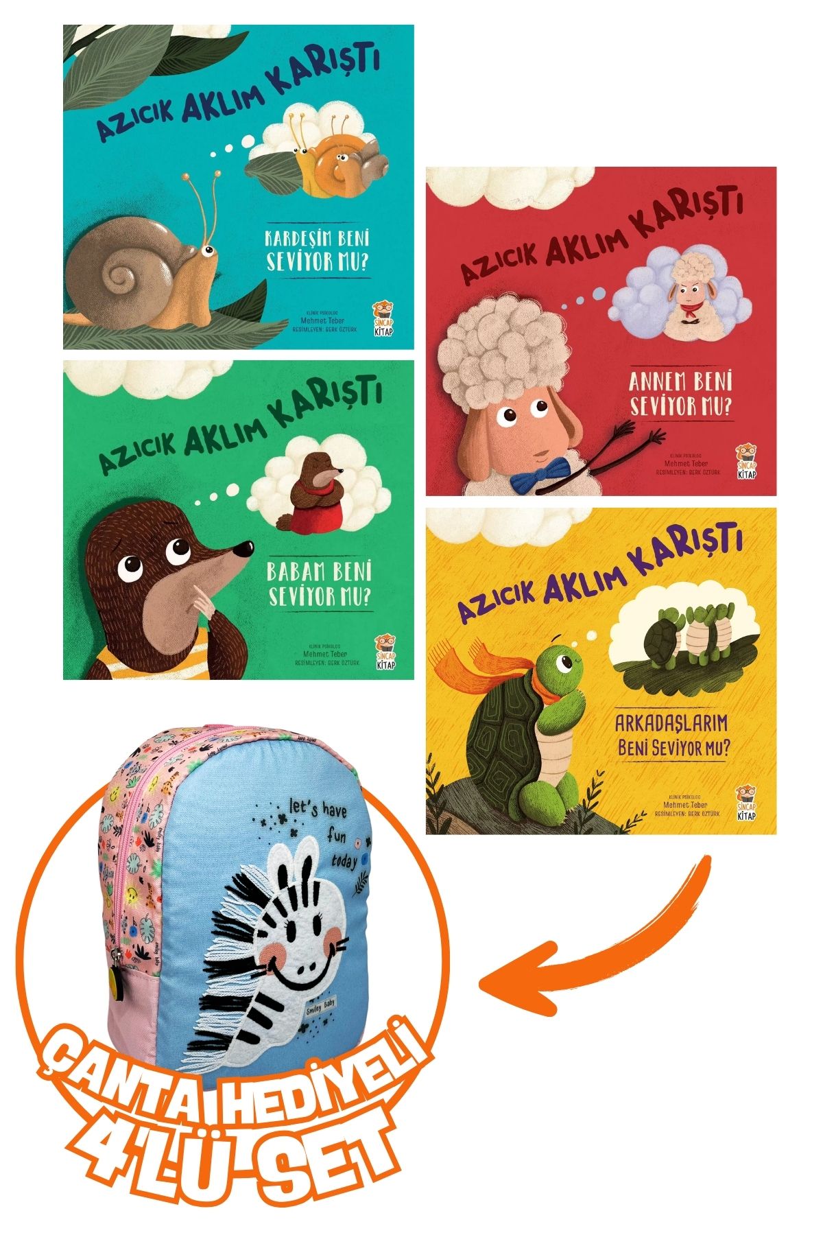 Sincap Kitap Azıcık Aklım Karıştı Annem-Babam-Kardeşim-Arkadaşım 4'lü Set+Hediye Smiley Baby Zebra Anaokul Çanta