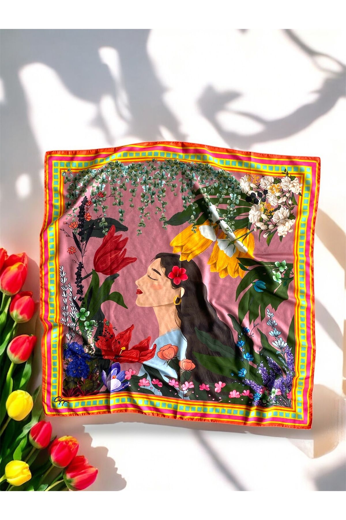 Oyt DÜKKAN Oyt Dükkan Woman Flowers Şal Fular Eşarp 100x100