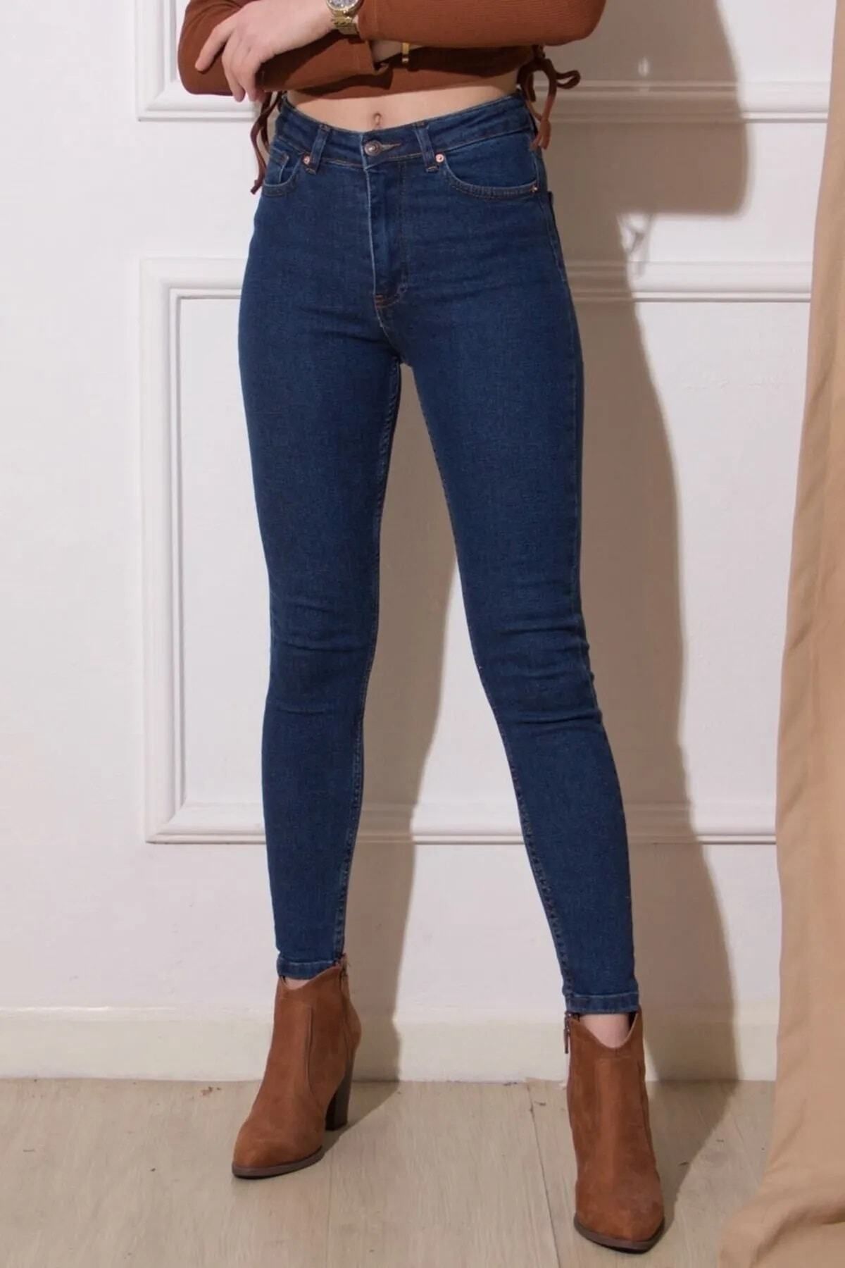 WODDİ Duryn Layla Koyu Mavi Skinny Yüksel Bel Dar Paça Lacivert Skinny Likralı Kot Pantalon Yeni-3