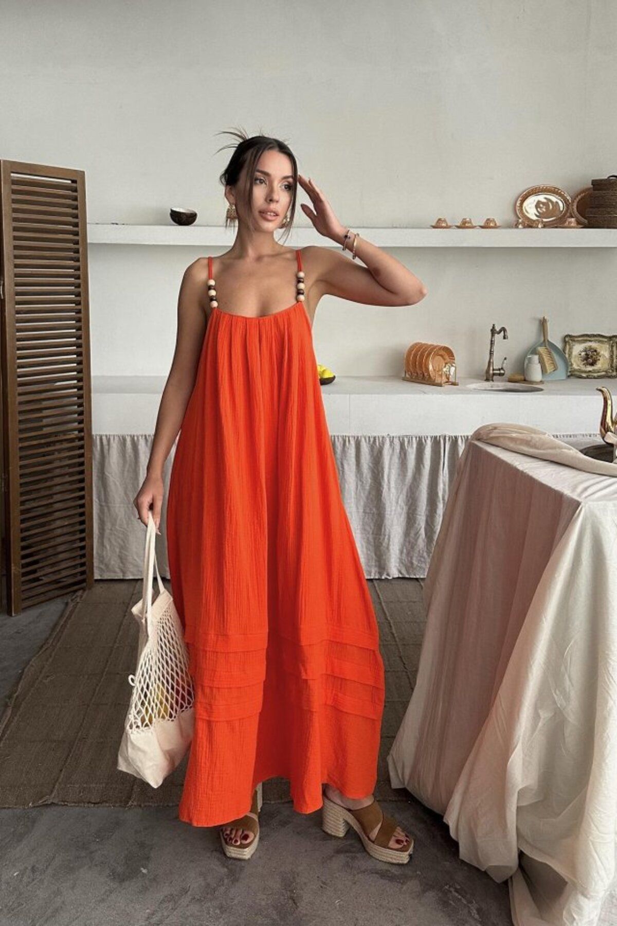 velmorafashion Oranj Askılı Müslin Elbise