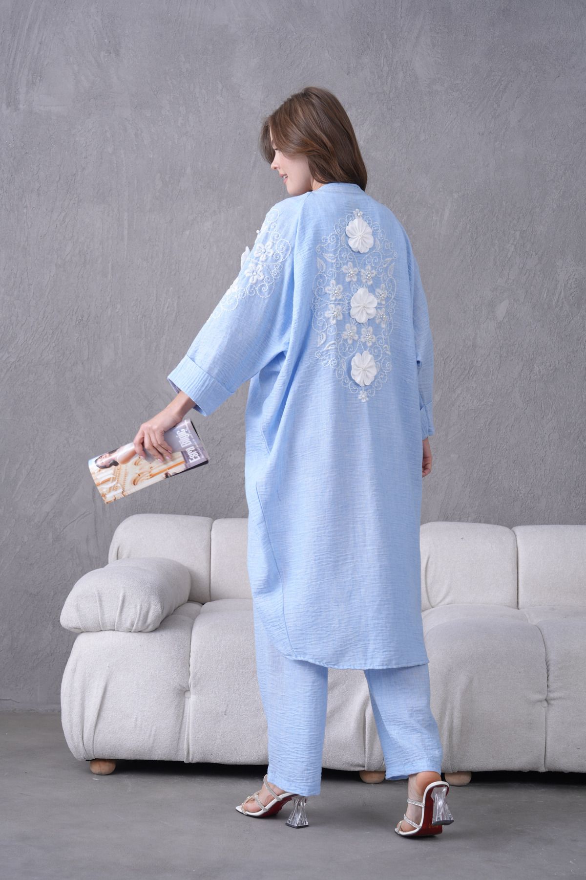 Miss Allos Kadın Arkası Ve Kolları Nakışlı Çiçek Ve İnci Süslemeli Keten Kimono Hırka Ve Pantolon Alt Üst Takım