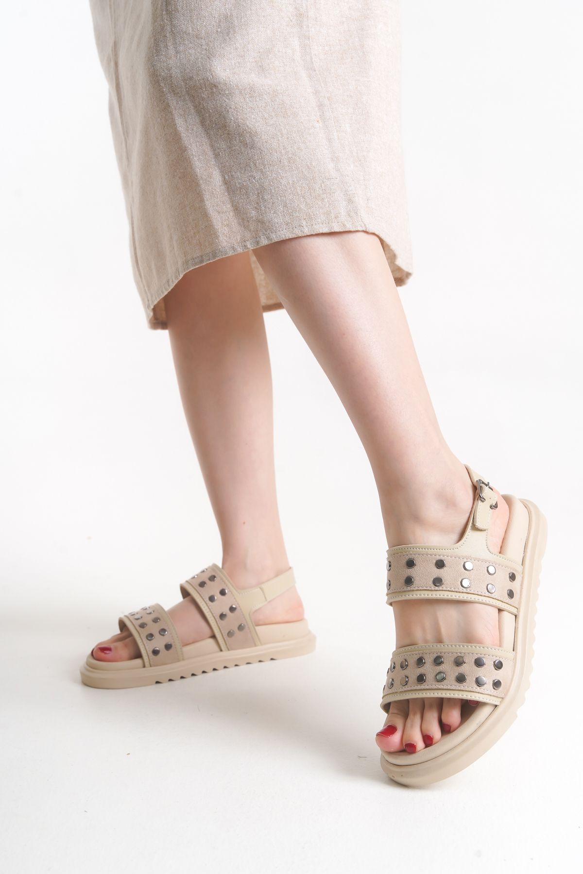ELAIA SHOES NOVA Kadın Bej Çift Bantlı Yan Toka Detaylı Günlük Rahat Sandalet