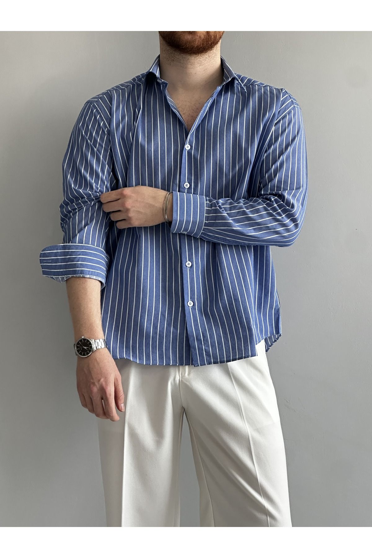 MENOFOURSWEAR Lacivert Çizgi Detaylı Oversize Gömlek