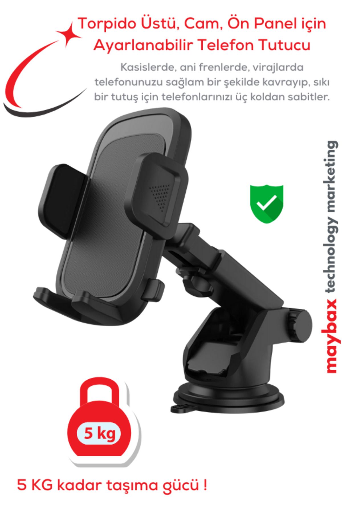 Maybax Torpido Üstü, Cam, Ön Panel için Ayarlanabilir 360 Derece Araç içi Vantuzlu Telefon Tutucu Siyah