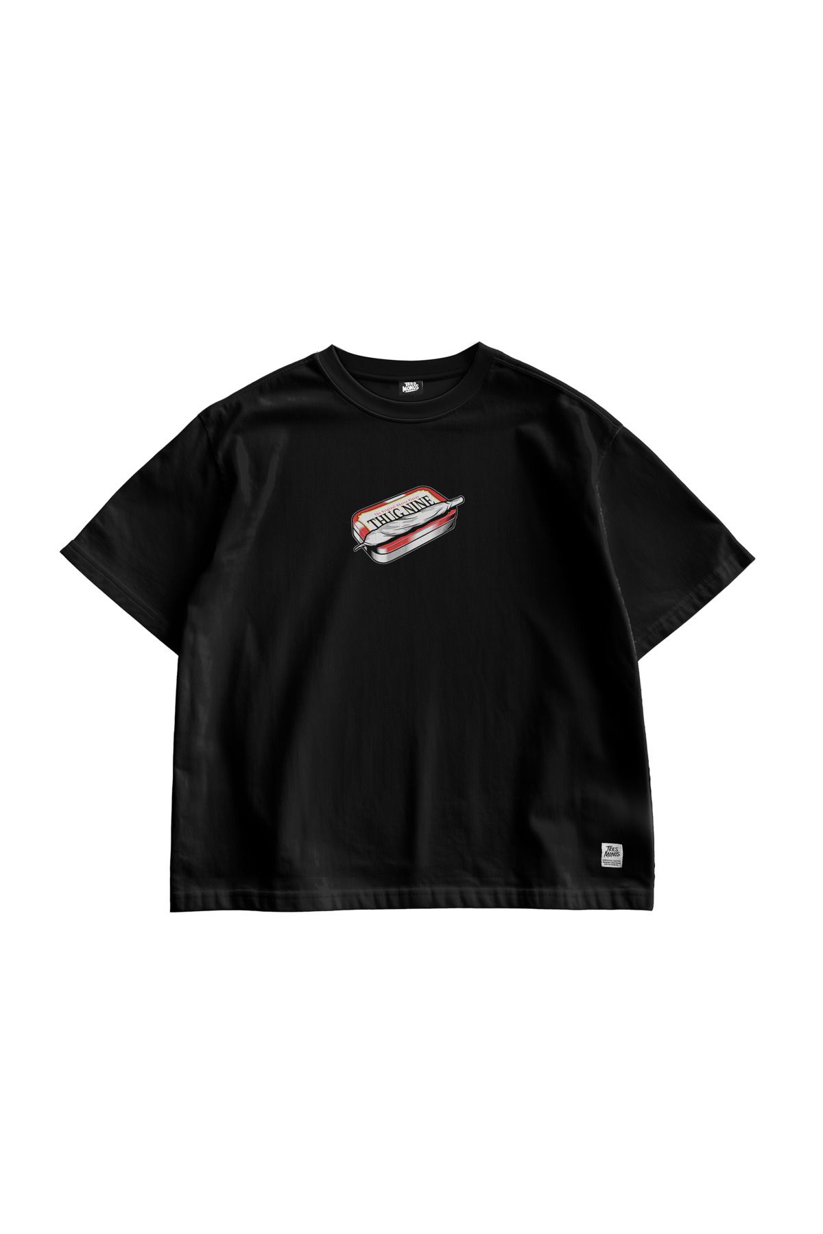 TresMonos Thug Nine Baskılı Oversize Kısa Kesim Pamuklu Unisex Siyah Tişört