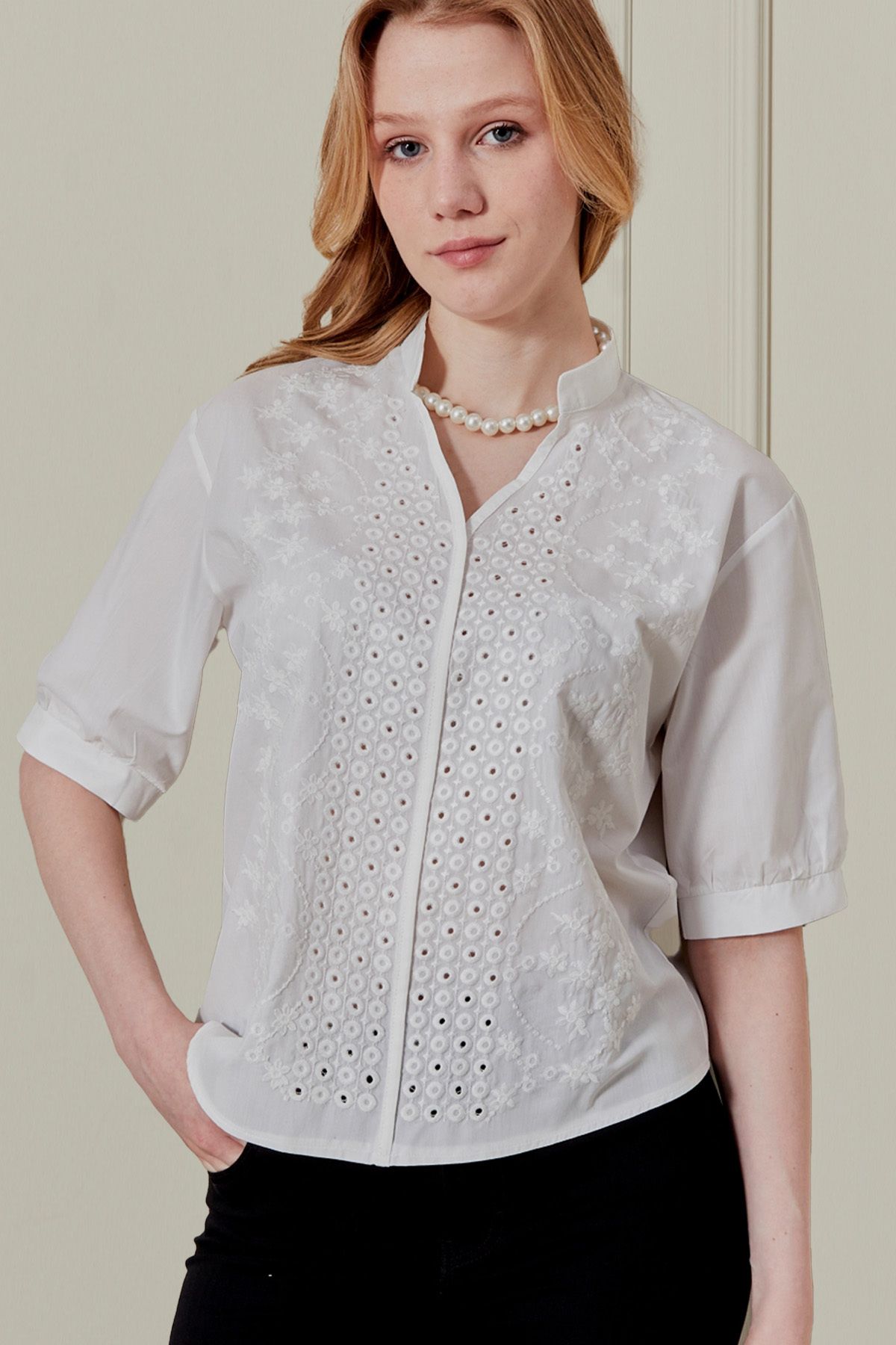 fumel women's clothing Kadın Yarım Kol Nakışlı Gömlek