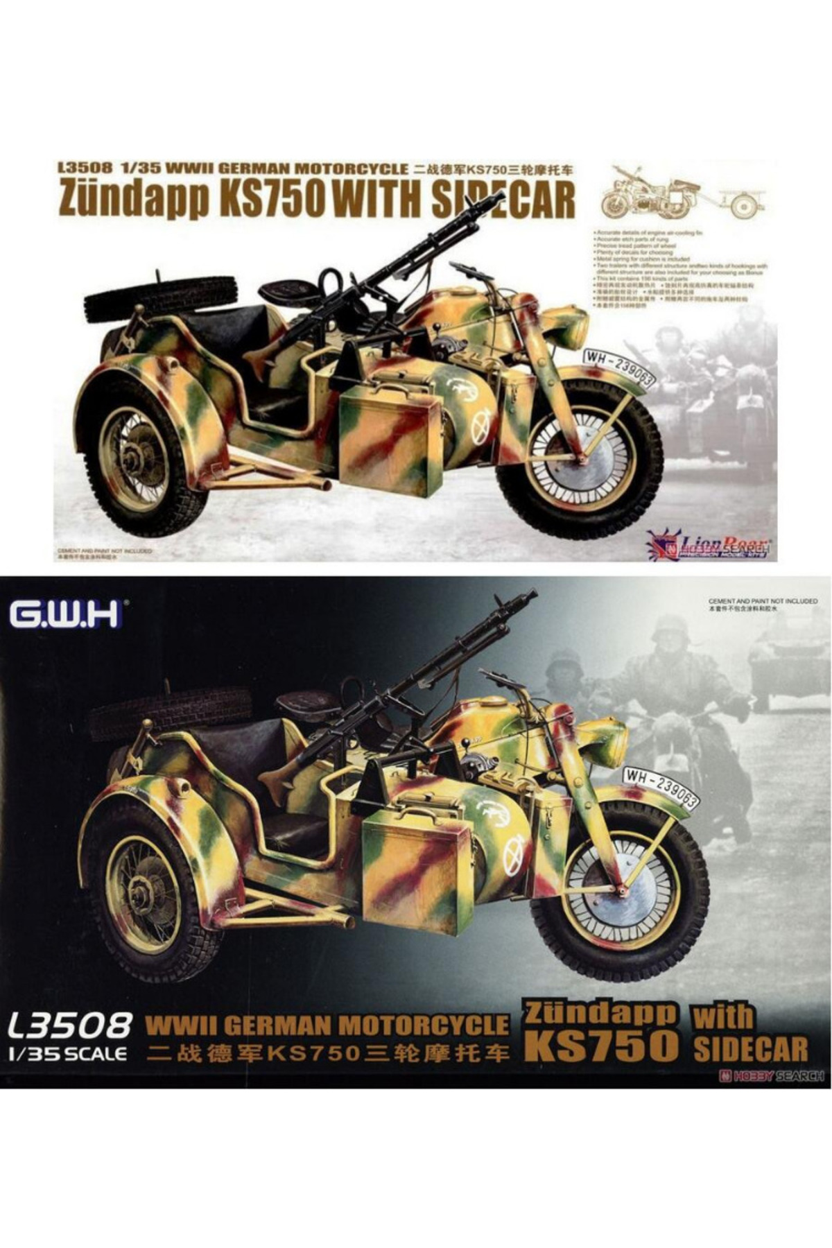 مجموعه مدل پلاستیکی موتورسیکلت آلمانی زونداپ KS750 جنگ جهانی دوم در مقیاس ۱/۳۵، گریت وال هابی L3508 به همراه سبدسایید