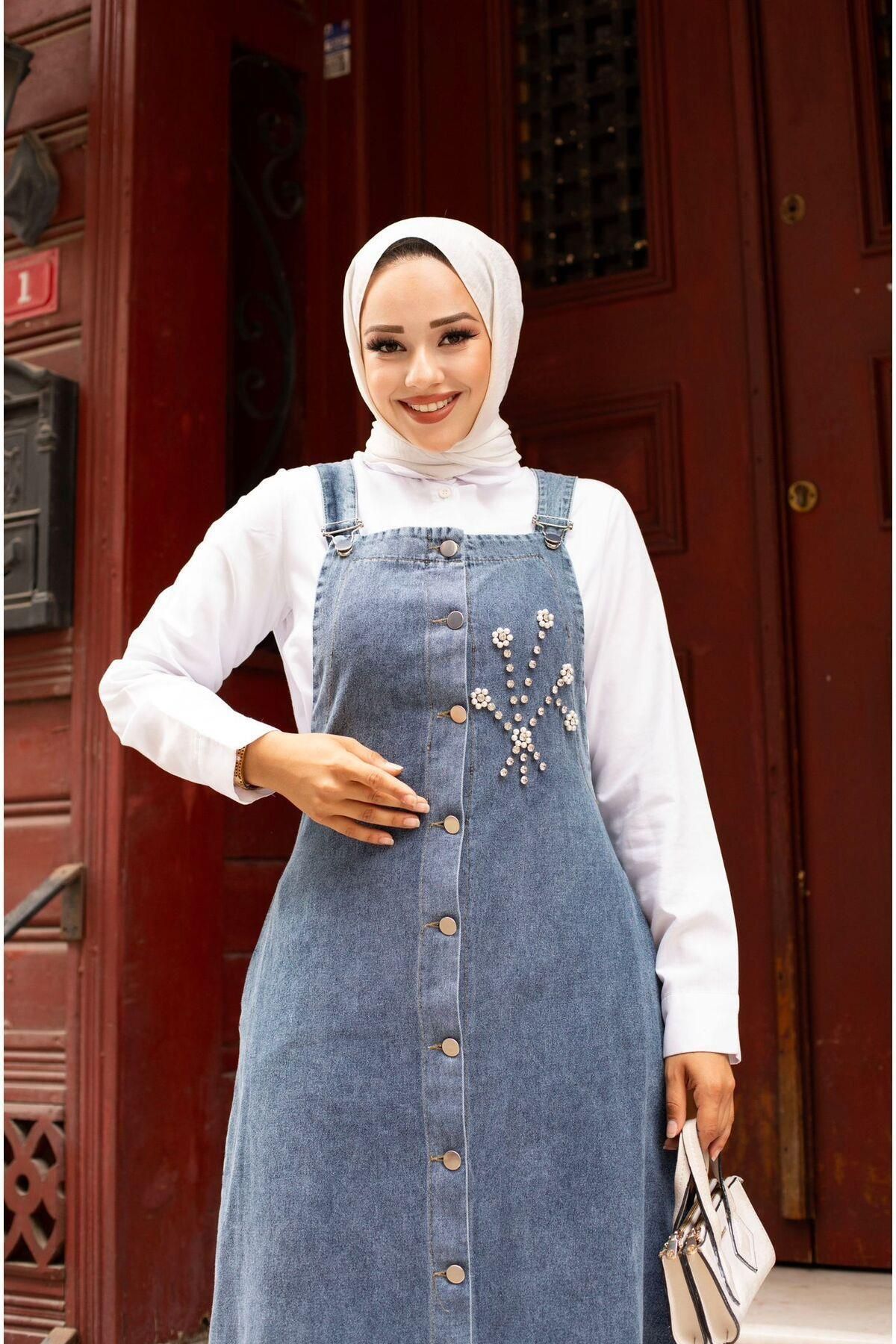 HARMAN BUTİK-Stone Detailed Women's Denim Salopeet 7