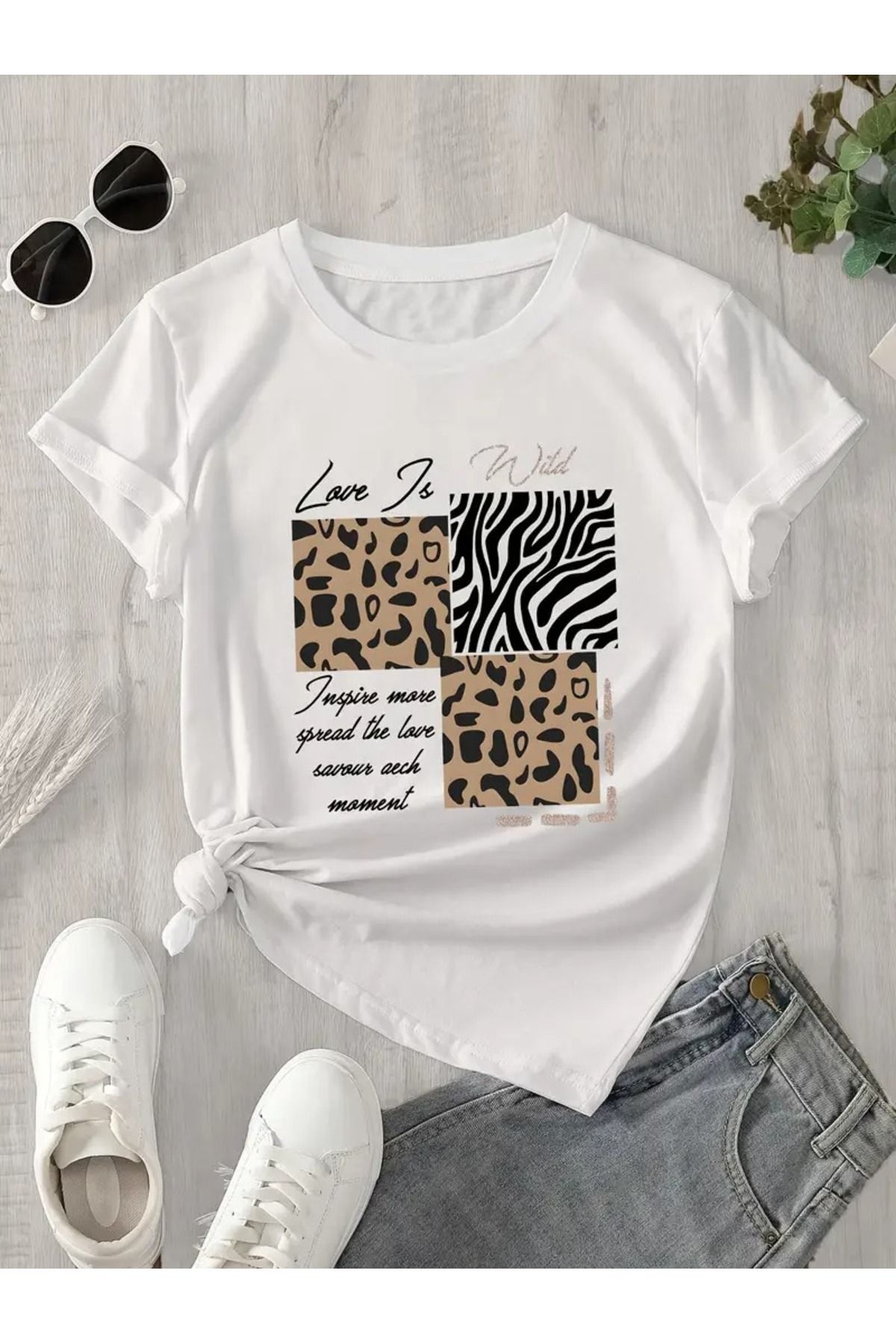LAND MODA Kadınlar İçin %100 Pamuk Kısa Kollu Günlük Tişört - Beyaz Harf Baskı & Leopar Zebra Patchwork Desen