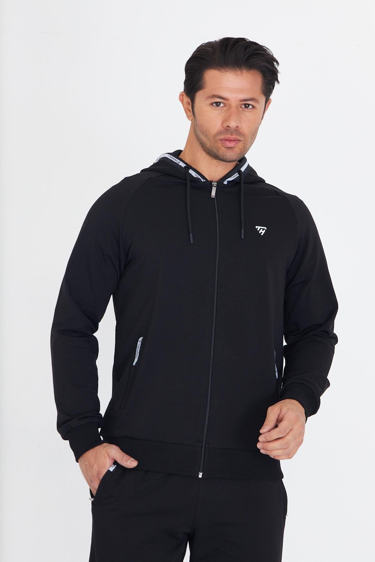 TRENDHİLL-Men's Cotton Hooded Tracksuit Set Black 5756-S 3