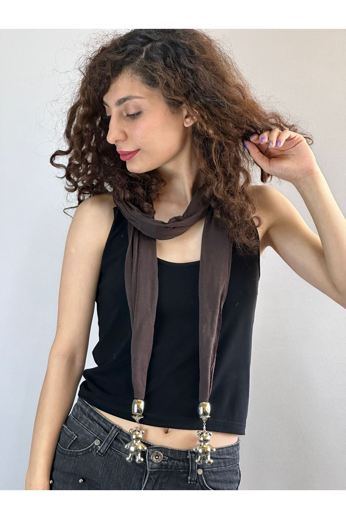 Gönülden Tasarım AYI UÇLU KAHVERENGİ PENYE KADIN FULAR AKSESUAR 170 CM