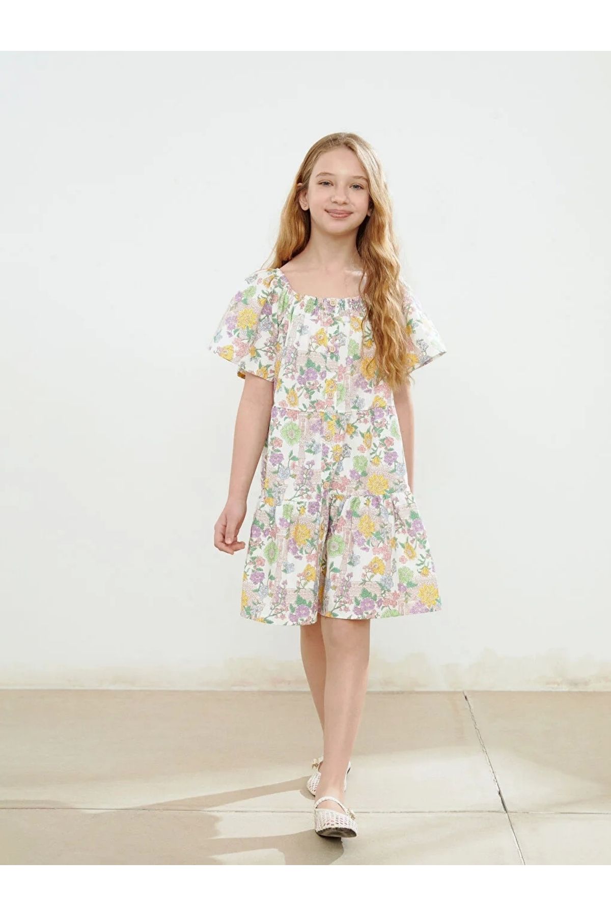 LC Waikiki LCW Kids Ekru Kare Yaka Çiçekli Kız Çocuk Elbise