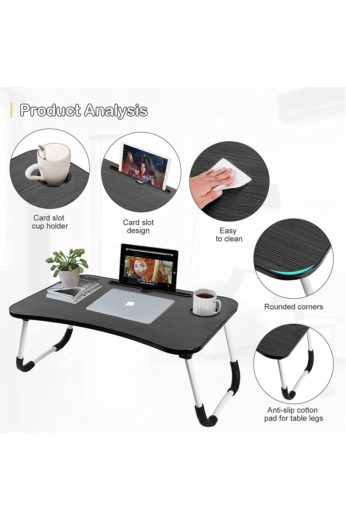 طاولة لابتوب للسرير محمولة قابلة للطي مع حامل أكواب للعمل وتناول الطعام والكتابة، لون اسود