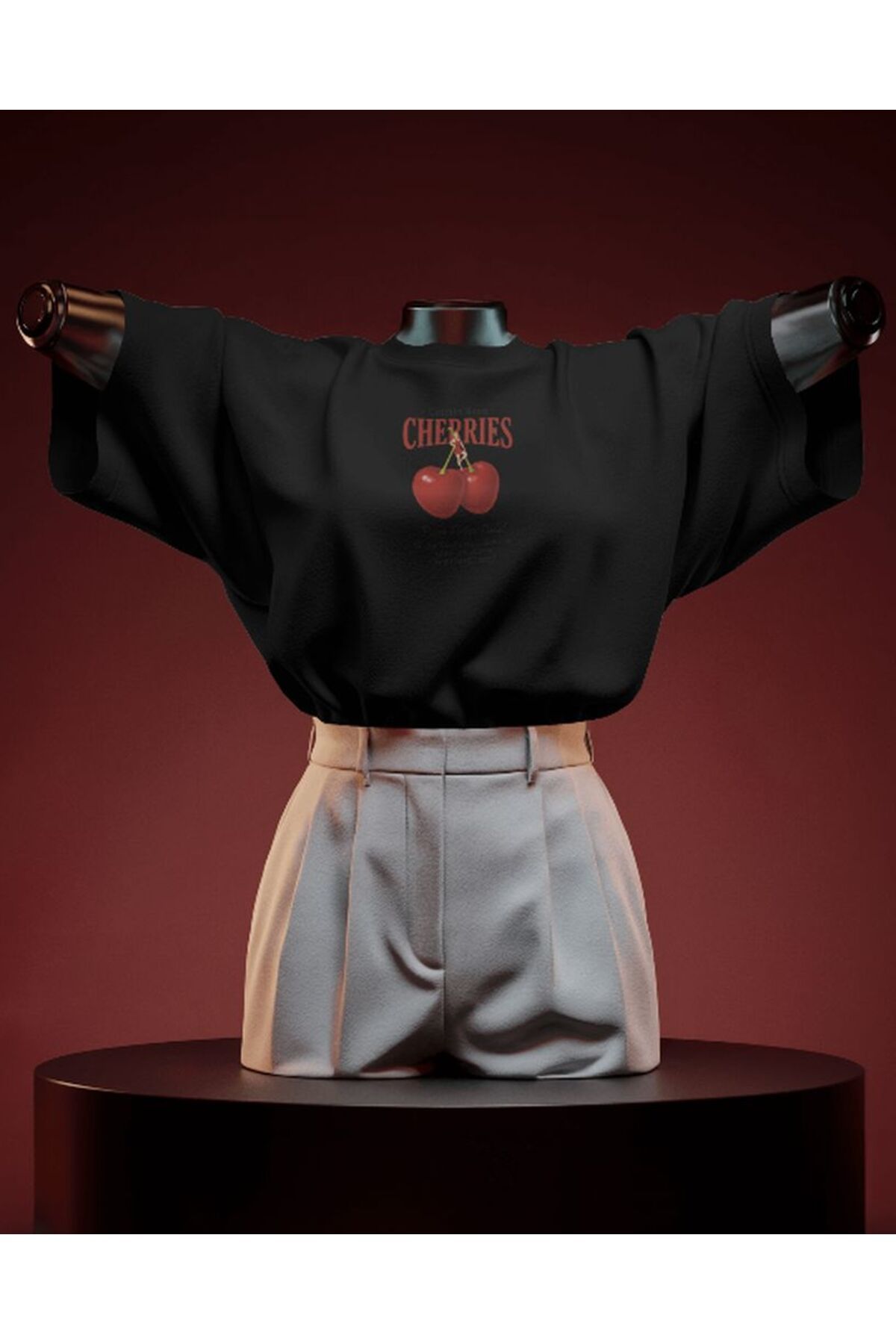 DemirConcept Kiraz Desenli 'Cherries' Yazılı Tişört – Oversize Rahat Kalıp
