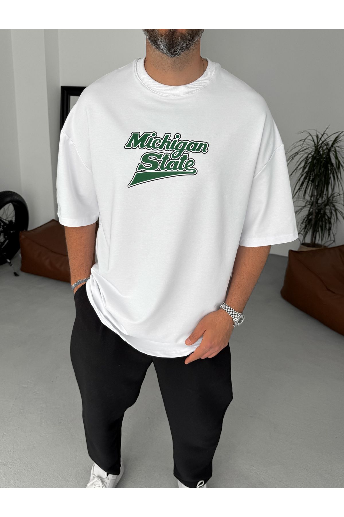 BYBASICMAN Beyaz Michigan State Baskılı İki İplik T-Shirt BY-065