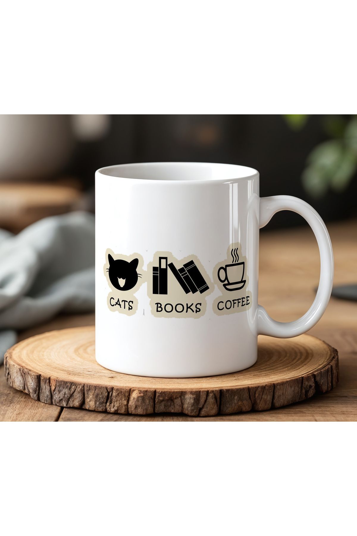 BB TRADE Catpuccino Tasarımlı Beyaz Seramik Baskılı Kupa Bardak 330ml