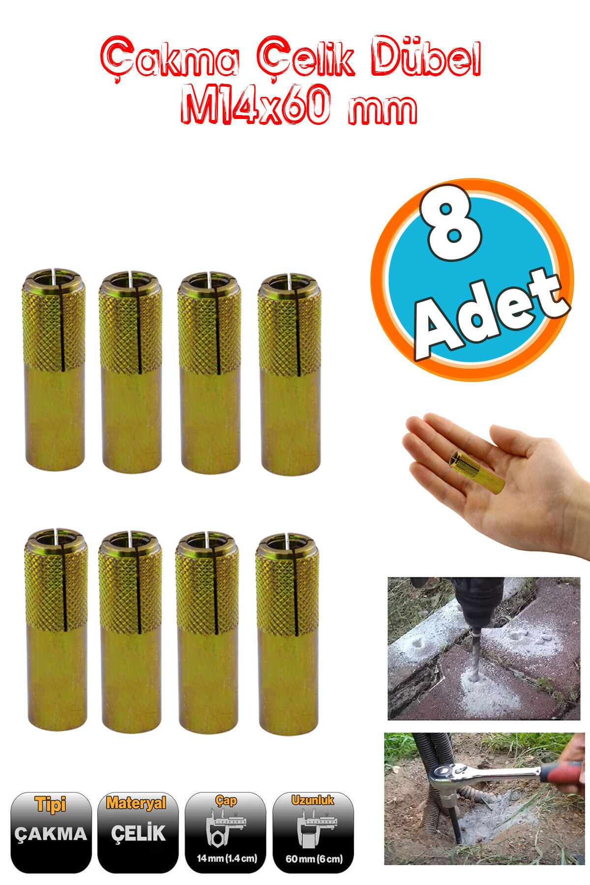 NZB Çakma Çelik Dübel İç Dişli 8 Adet M14x60 mm Raf İskele Montaj Bağlantı Monte Beton Asma Aparat